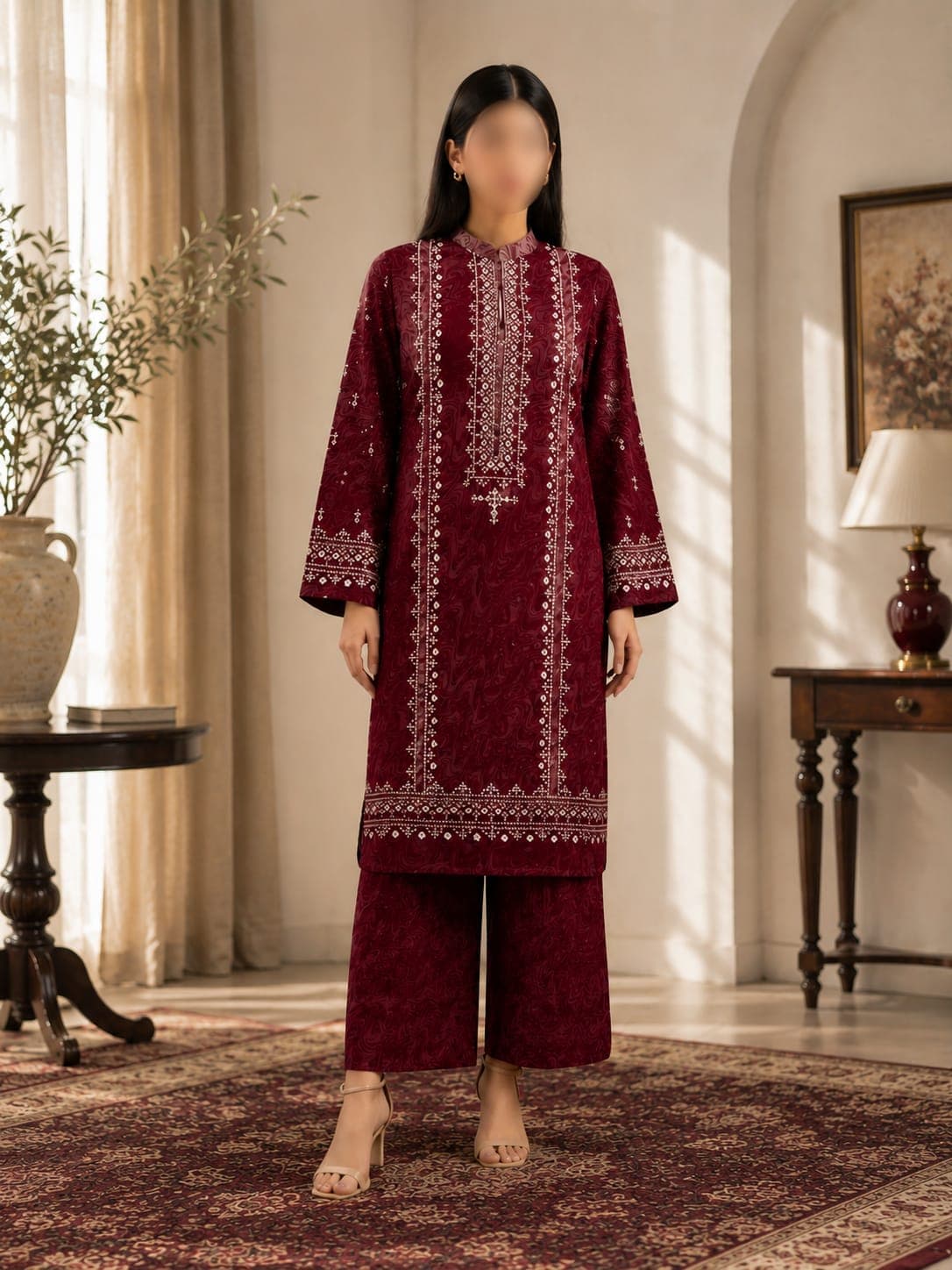 Sapphire Original Sukoon Maroon Heritage Printed Lawn 2-Piece Suit, unstitched Printed Lawn suit Pakistan