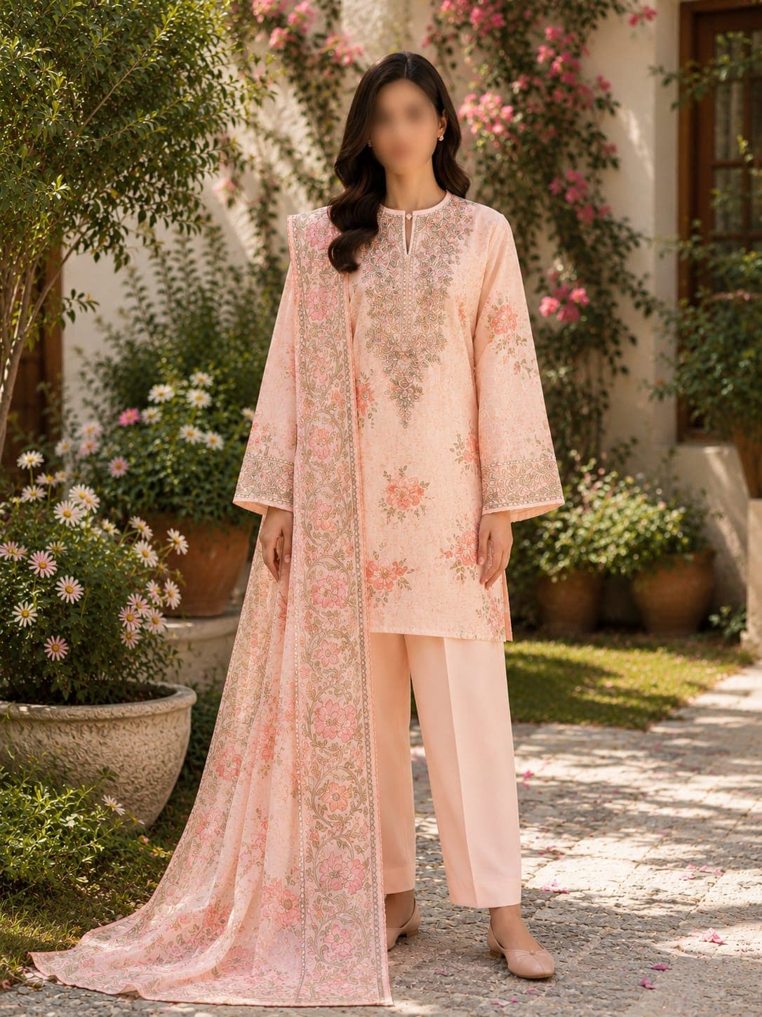 Sapphire Original Raunak Peach Garden Embroidered Raw Silk 3-Piece Suit, unstitched Embroidered Raw Silk suit Pakistan