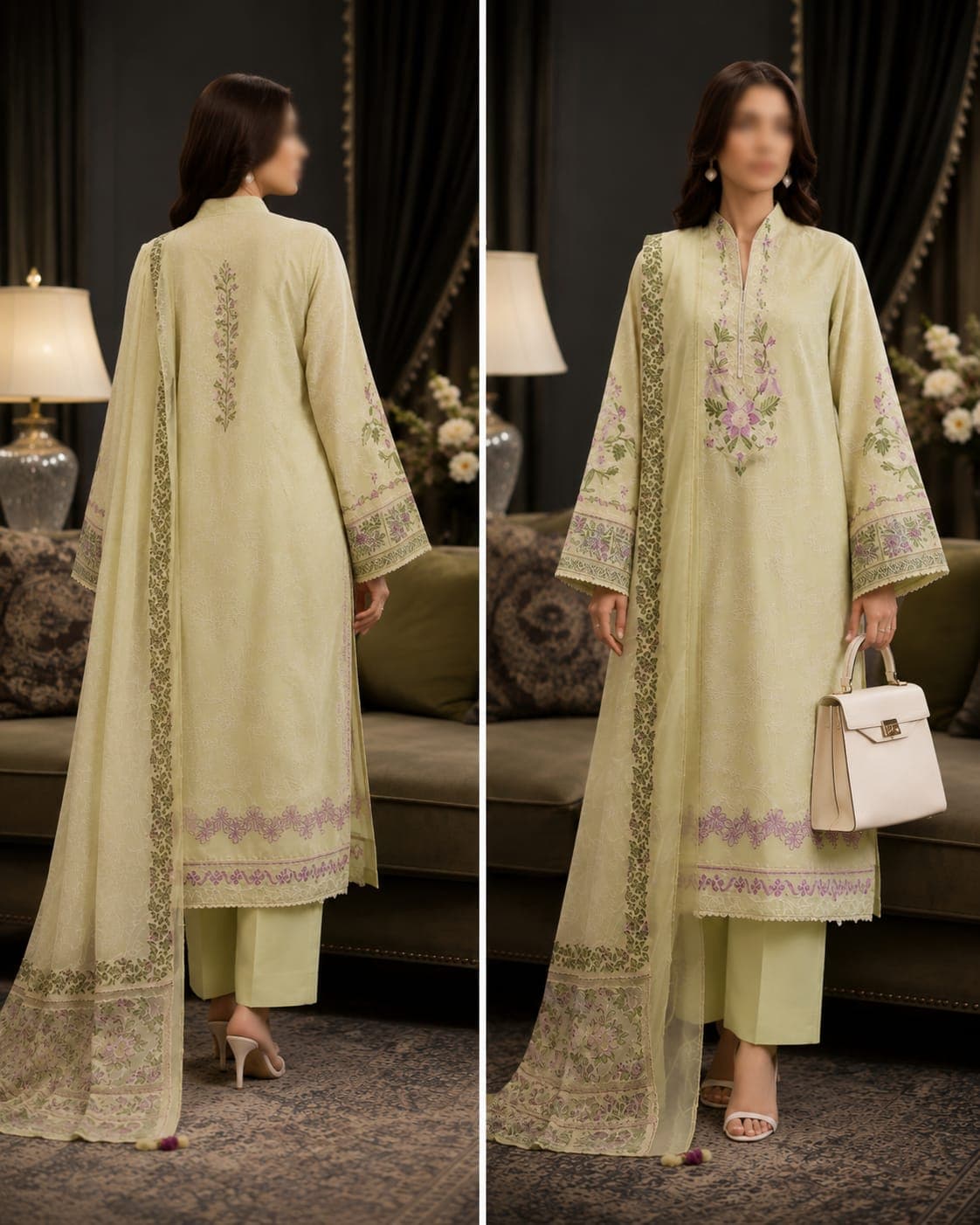 Sapphire Original Sukoon Lime Botanical Embroidered Lawn 3-Piece Suit, unstitched Embroidered Lawn suit Pakistan