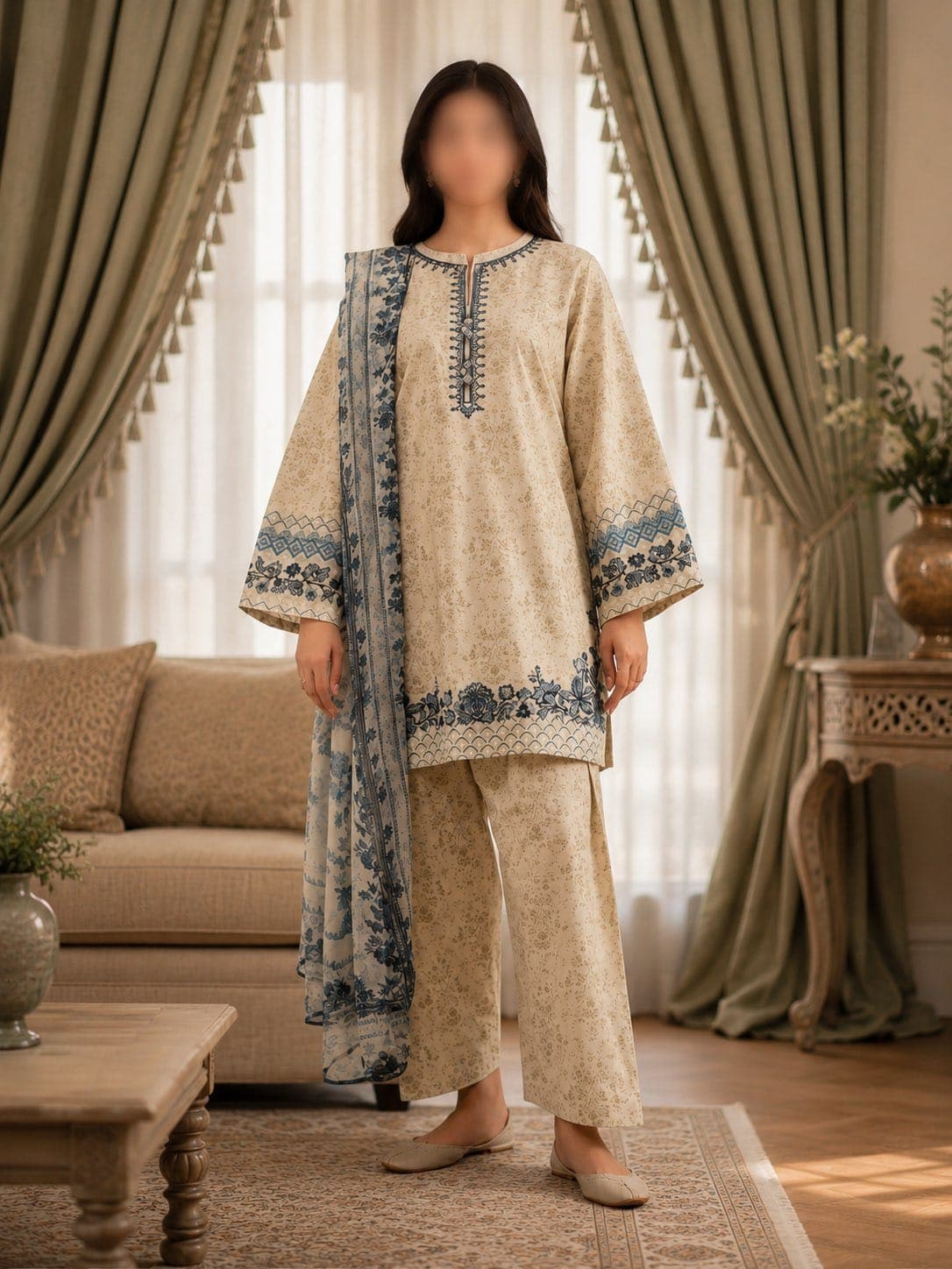 Sapphire Original Andaaz Ivory Azure Embroidered Lawn 3-Piece Suit, unstitched Embroidered Lawn suit Pakistan