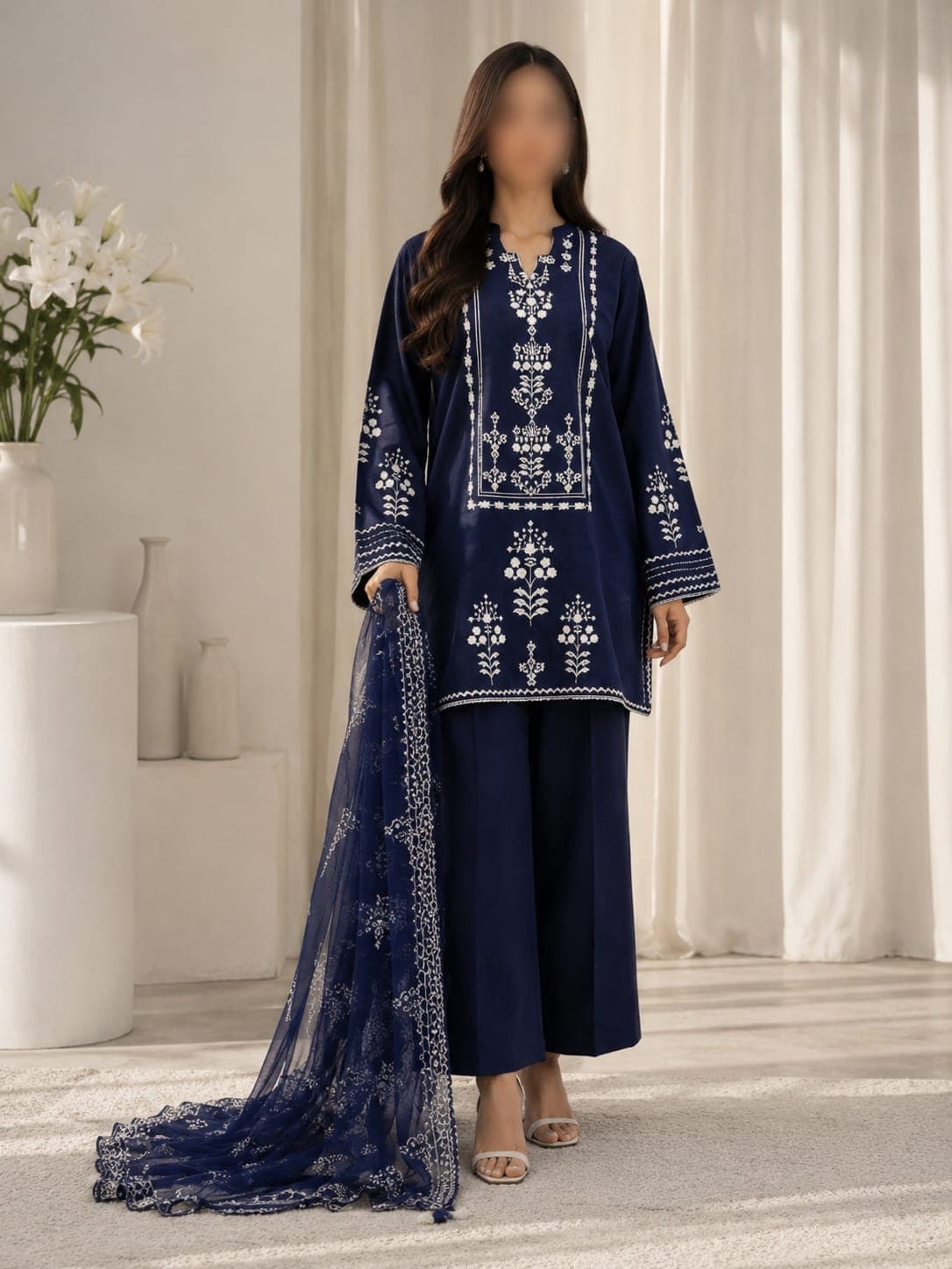 Sapphire Original Sukoon Navy Floral Frame Embroidered Lawn 3-Piece Suit, unstitched Embroidered Lawn suit Pakistan