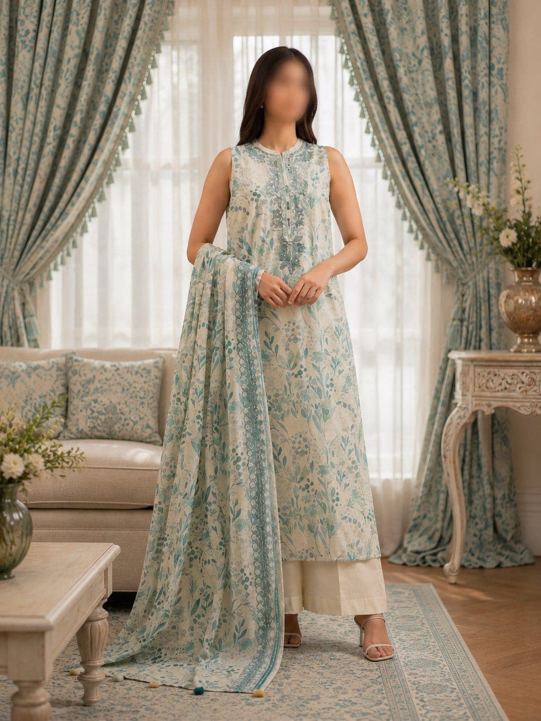Sapphire Original Andaaz Seafoam Botanical Embroidered Lawn 3-Piece Suit, unstitched Embroidered Lawn suit Pakistan