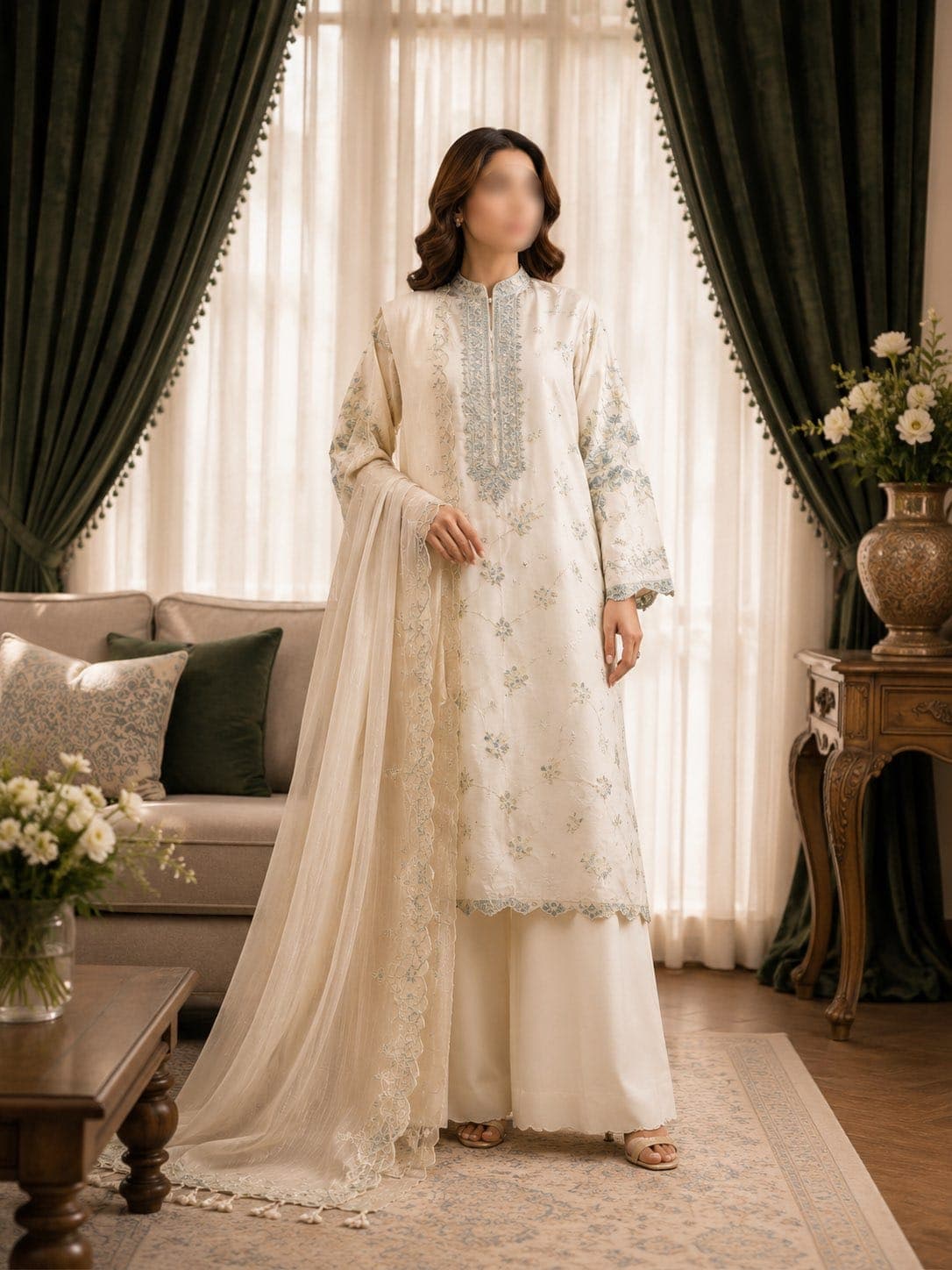 Sapphire Original Andaaz Silver Mist Embroidered Cotton Jacquard 3-Piece Suit, unstitched Embroidered Cotton Jacquard suit Pakistan