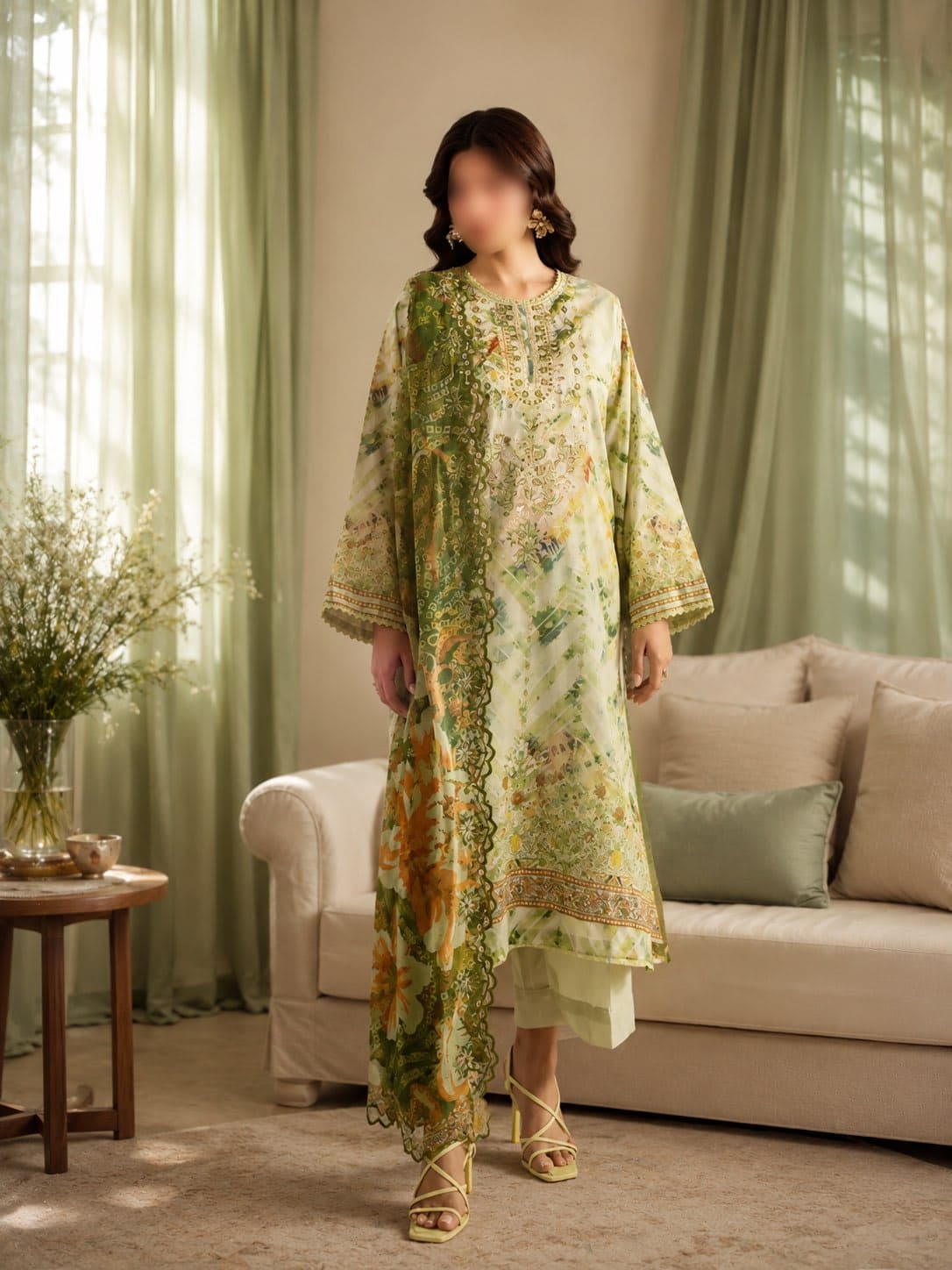 Gull Jee Original Pistachio Mosaic Embroidered Lawn 3-Piece Suit, unstitched Embroidered Lawn suit Pakistan