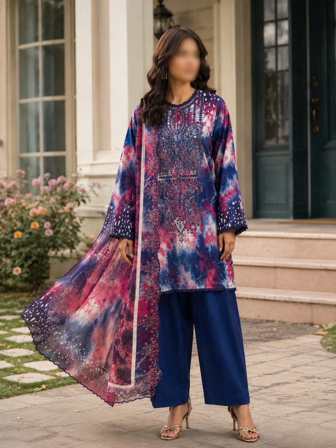 Gull Jee Original Indigo Lagoon Embroidered Lawn 3-Piece Suit, unstitched Embroidered Lawn suit Pakistan