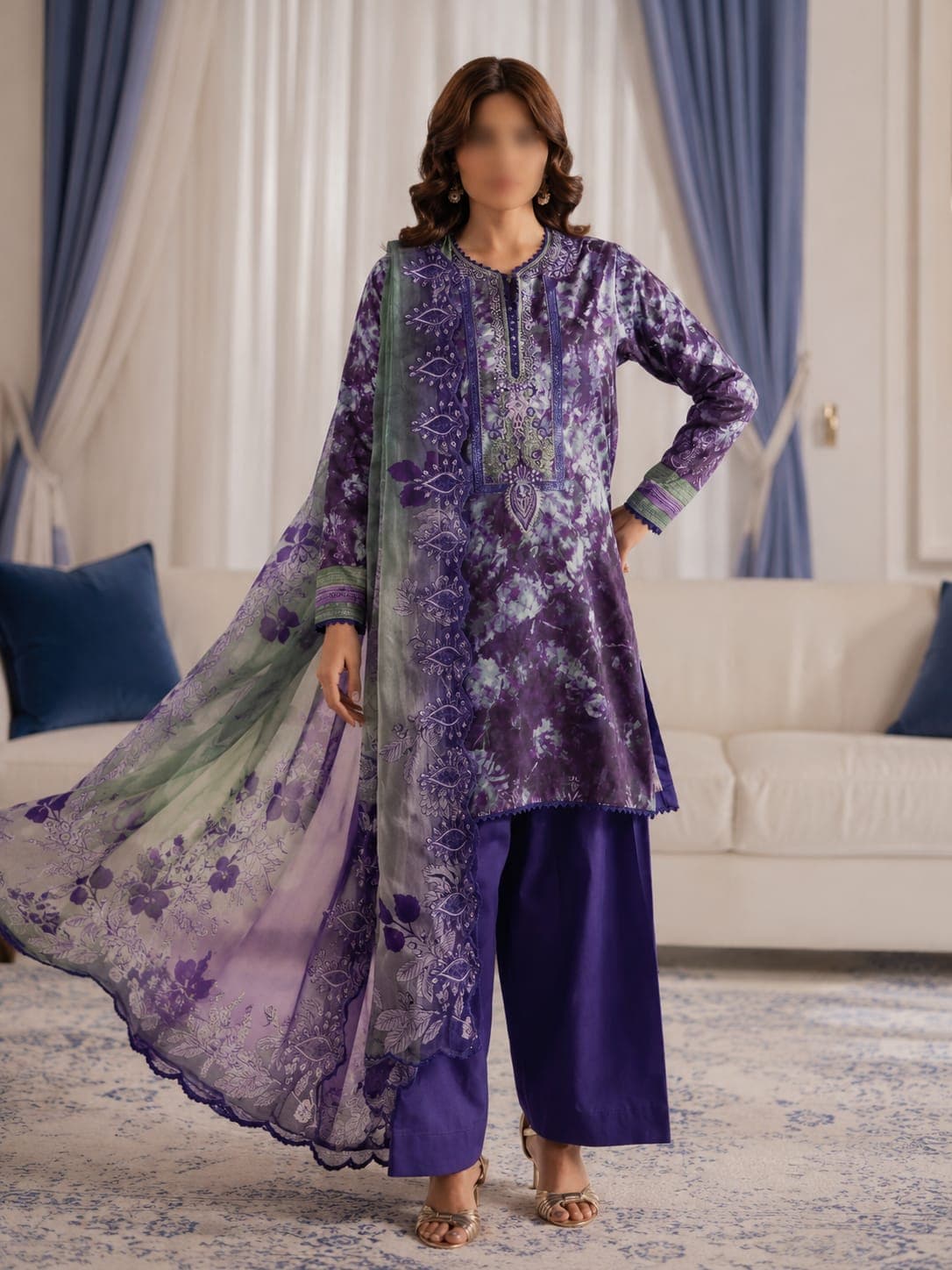 Gull Jee Original Violet Sage Embroidered Lawn 3-Piece Suit, unstitched Embroidered Lawn suit Pakistan