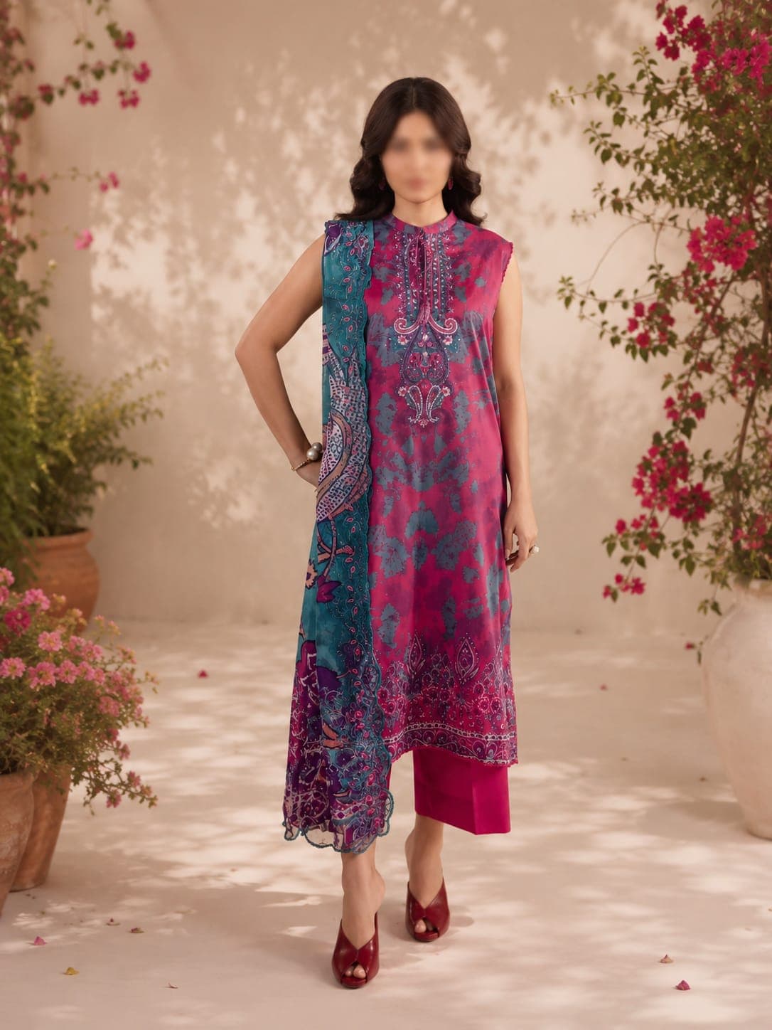 Gull Jee Original Fuchsia Lagoon Embroidered Lawn 3-Piece Suit, unstitched Embroidered Lawn suit Pakistan