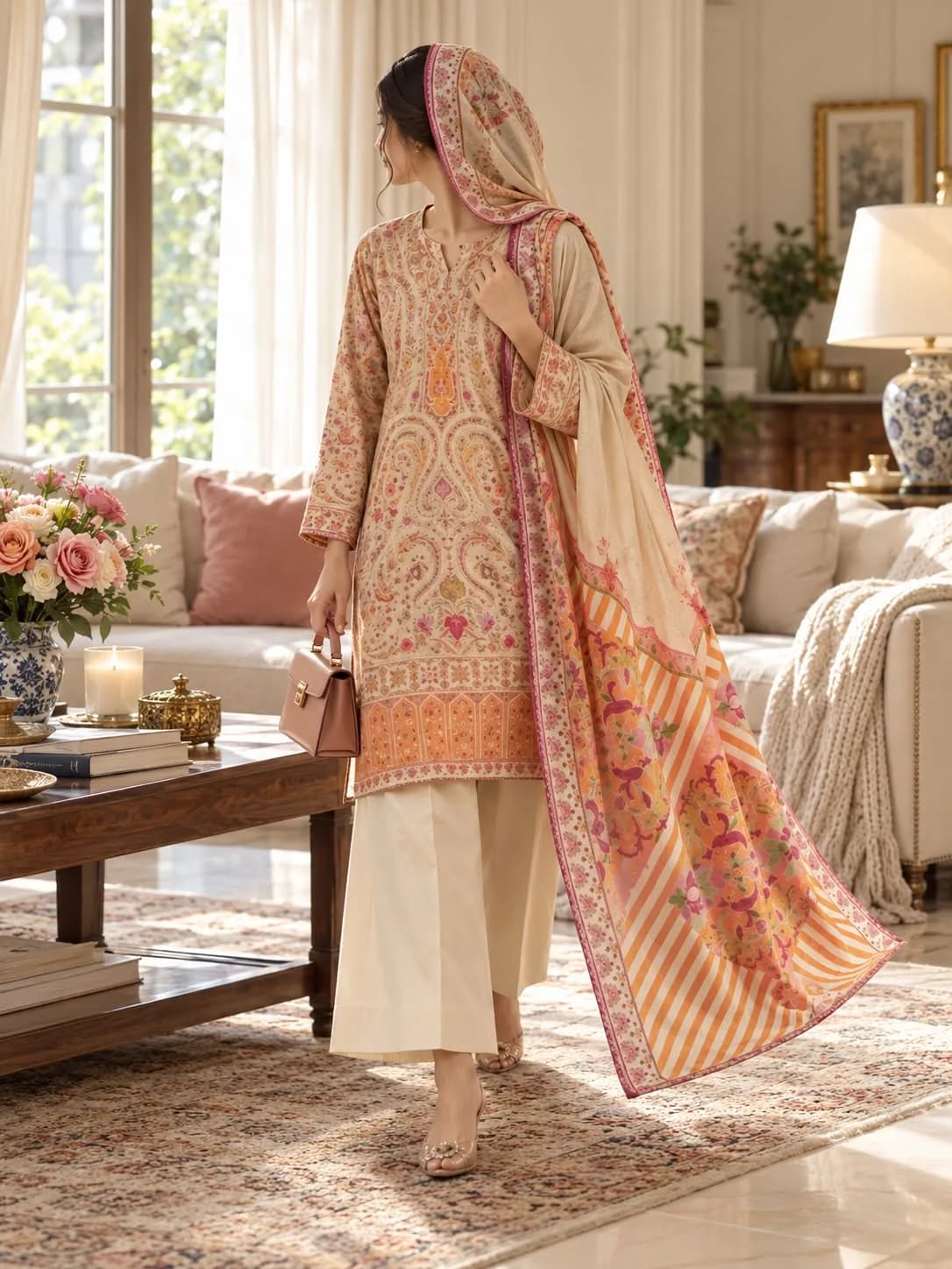 Falak Original Peach Paisley Leather Linen 3-Piece product photo