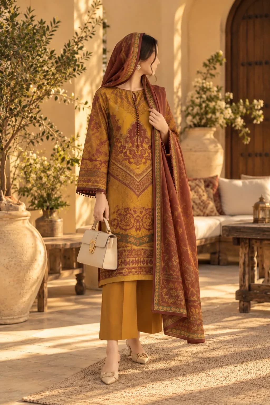 Falak Original Ochre Terracotta Leather Linen 3-Piece product photo