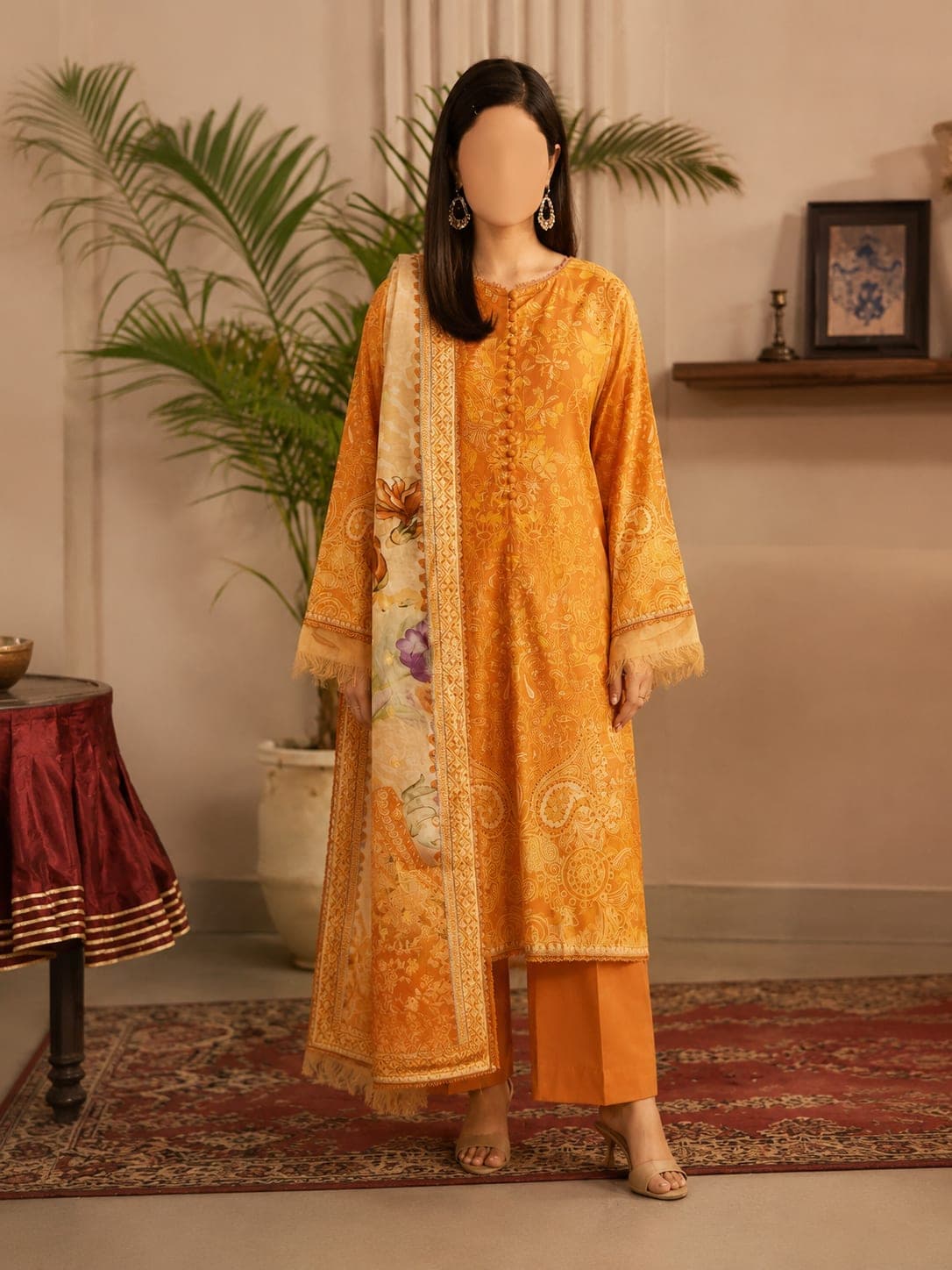 Amber Paisley Unstitched Three Piece, unstitched Shirt — Digital Printed Lawn 3m · Dupatta — Digital Printed Jacquard Brosha 2.5m · Trouser — Dyed Cambric Cotton 2.5m suit Pakistan