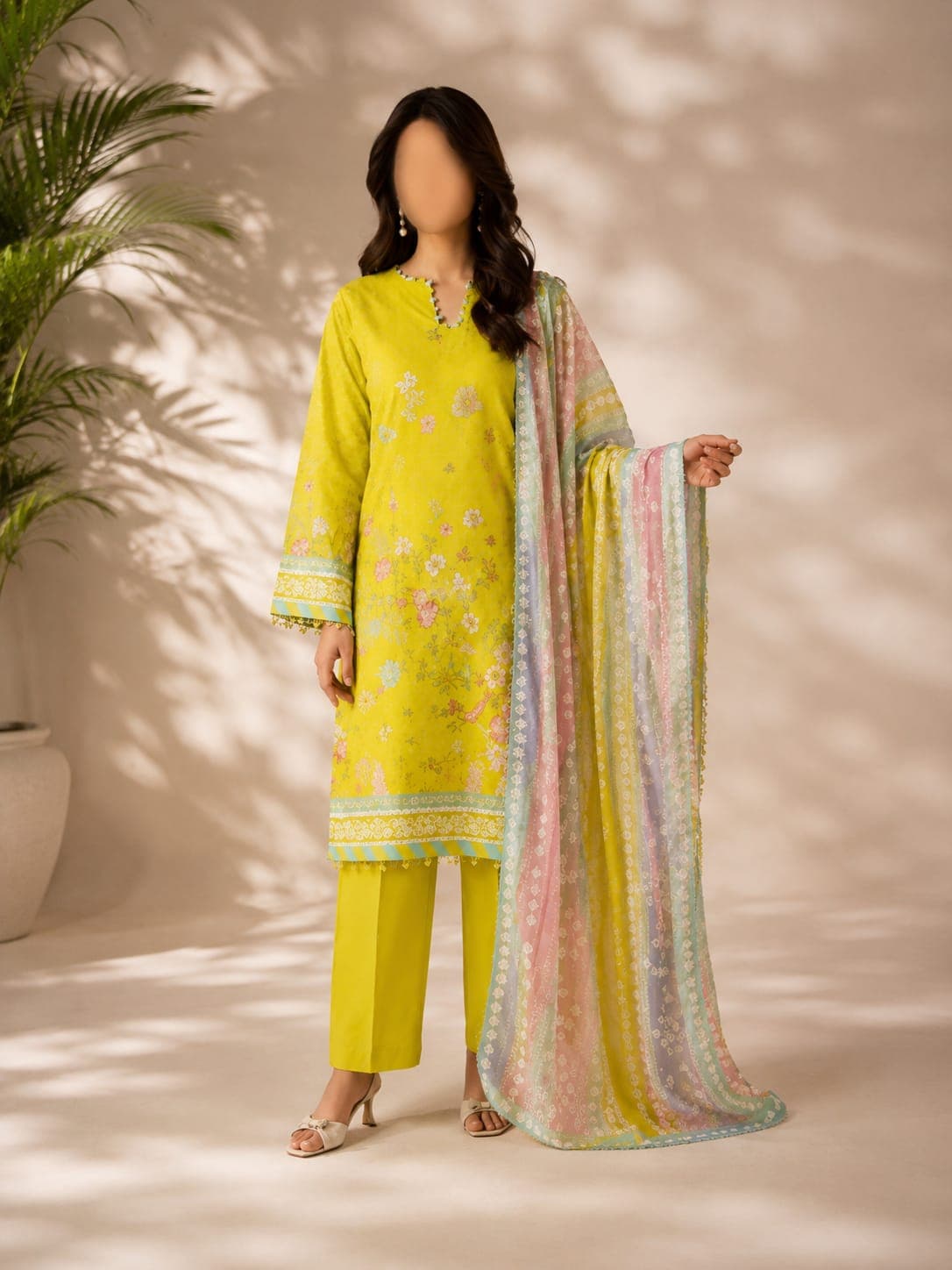 Chartreuse Floral Unstitched Three Piece, unstitched 3-piece lawn suit Pakistan