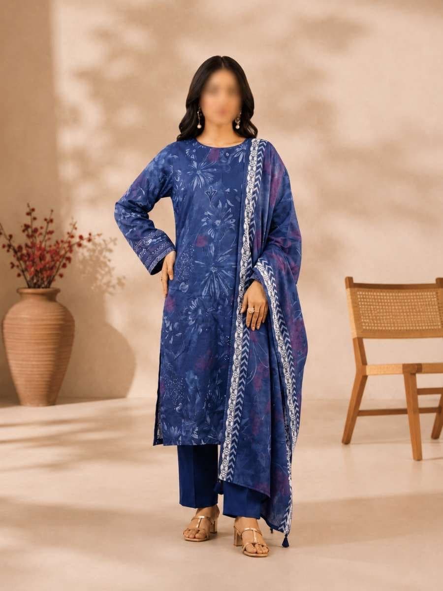 Cobalt Chevron Unstitched Three Piece, unstitched 3-piece lawn suit Pakistan