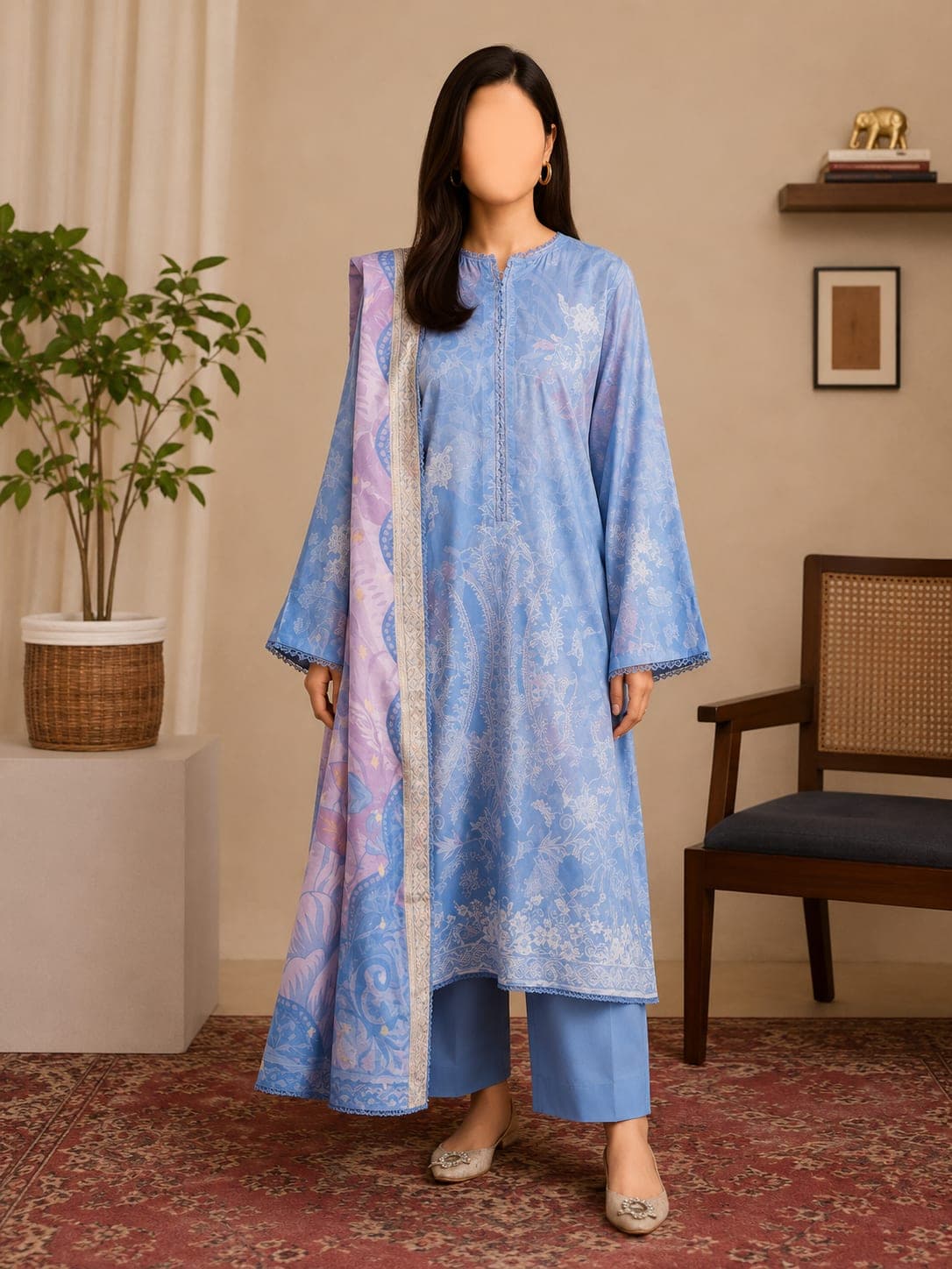 Cornflower Paisley Unstitched Three Piece, unstitched Shirt — Digital Printed Lawn 3m · Dupatta — Digital Printed Jacquard Brosha 2.5m · Trouser — Dyed Cambric Cotton 2.5m suit Pakistan