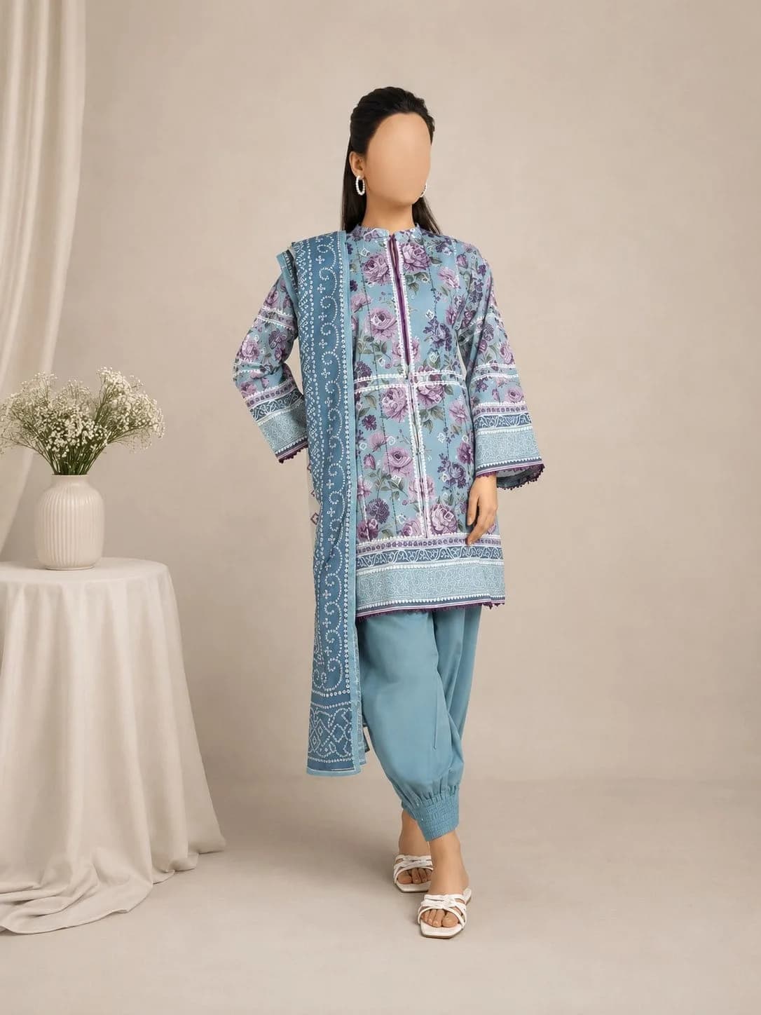 Dusty Blue Floral Unstitched Three Piece, unstitched Lawn suit Pakistan