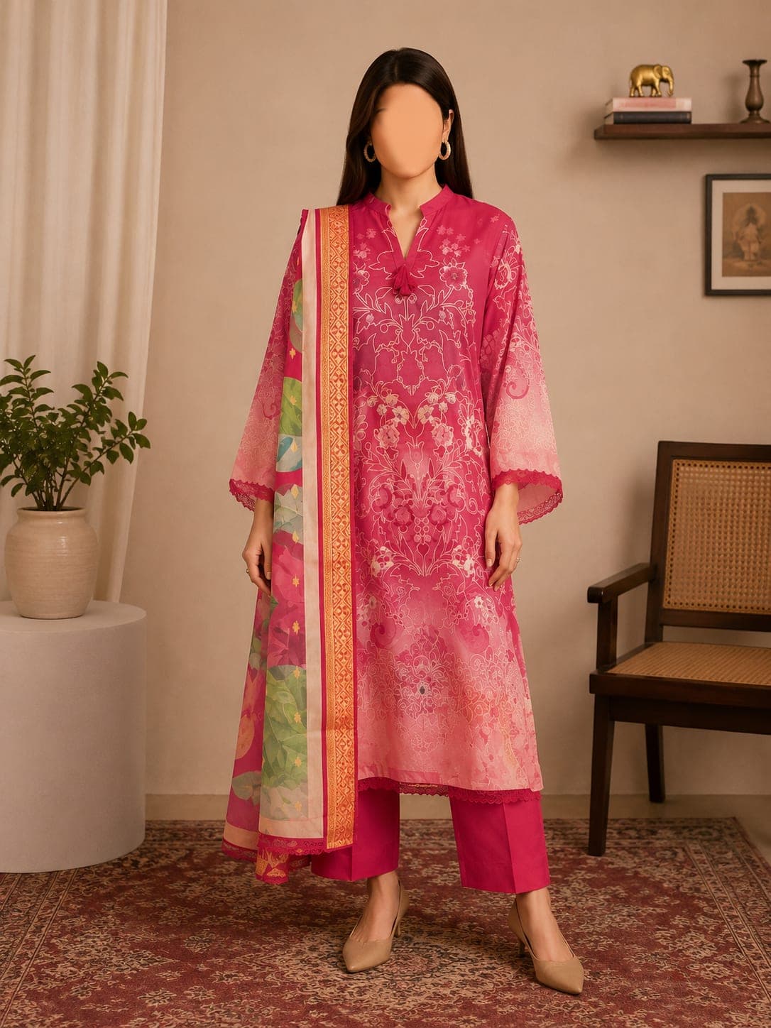 Fuchsia Fade Unstitched Three Piece, unstitched Shirt — Digital Printed Lawn 3m · Dupatta — Digital Printed Jacquard Brosha 2.5m · Trouser — Dyed Cambric Cotton 2.5m suit Pakistan