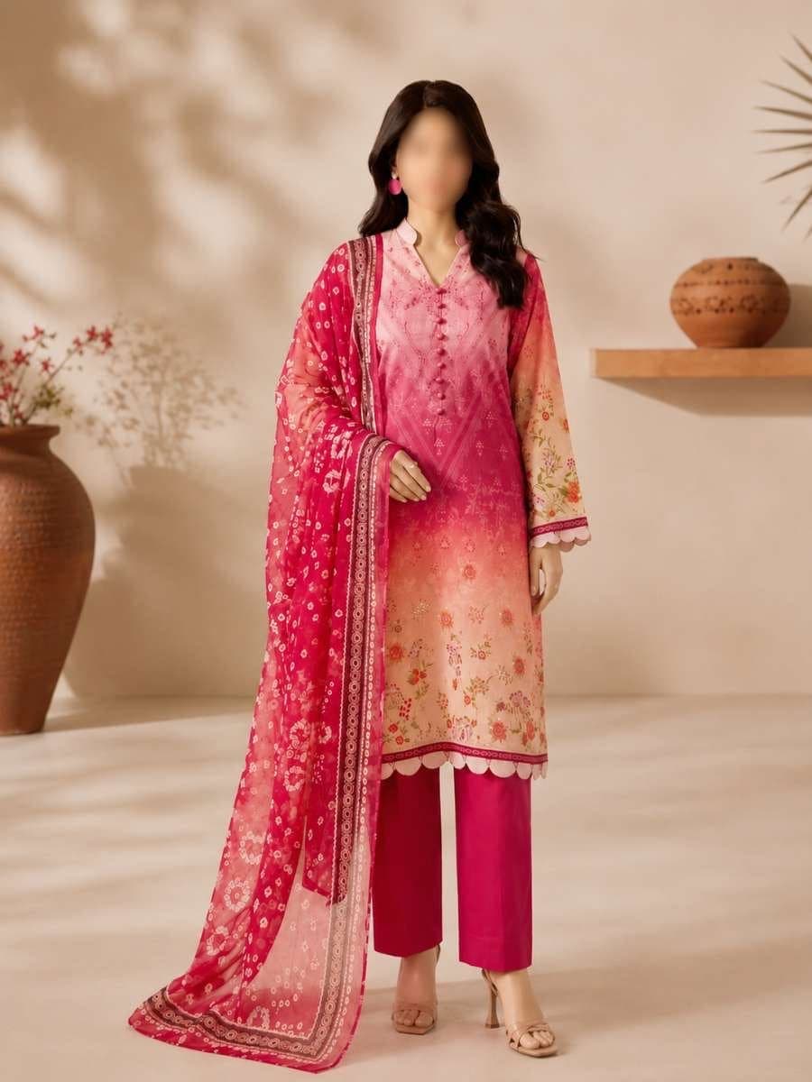 Fuchsia Scallop Unstitched Three Piece, unstitched 3-piece lawn suit Pakistan