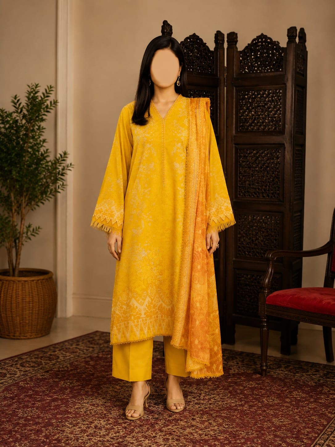 Golden Hour Unstitched Three Piece, unstitched Shirt — Digital Printed Lawn 3m · Dupatta — Digital Printed Jacquard Brosha 2.5m · Trouser — Dyed Cambric Cotton 2.5m suit Pakistan