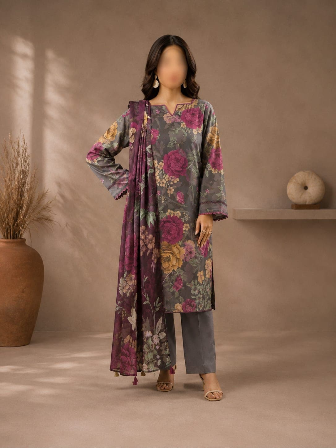 Grey Blossom Unstitched Three Piece, unstitched 3-piece lawn suit Pakistan