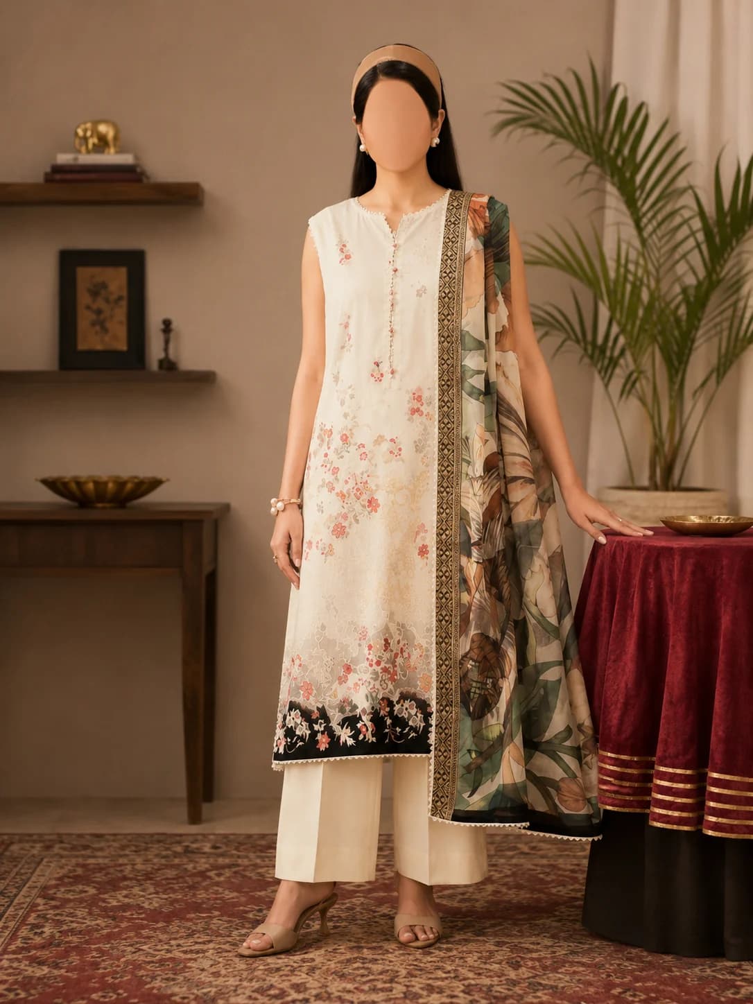 Ivory Garden Unstitched Three Piece, unstitched Shirt — Digital Printed Lawn 3m · Dupatta — Digital Printed Jacquard Brosha 2.5m · Trouser — Dyed Cambric Cotton 2.5m suit Pakistan