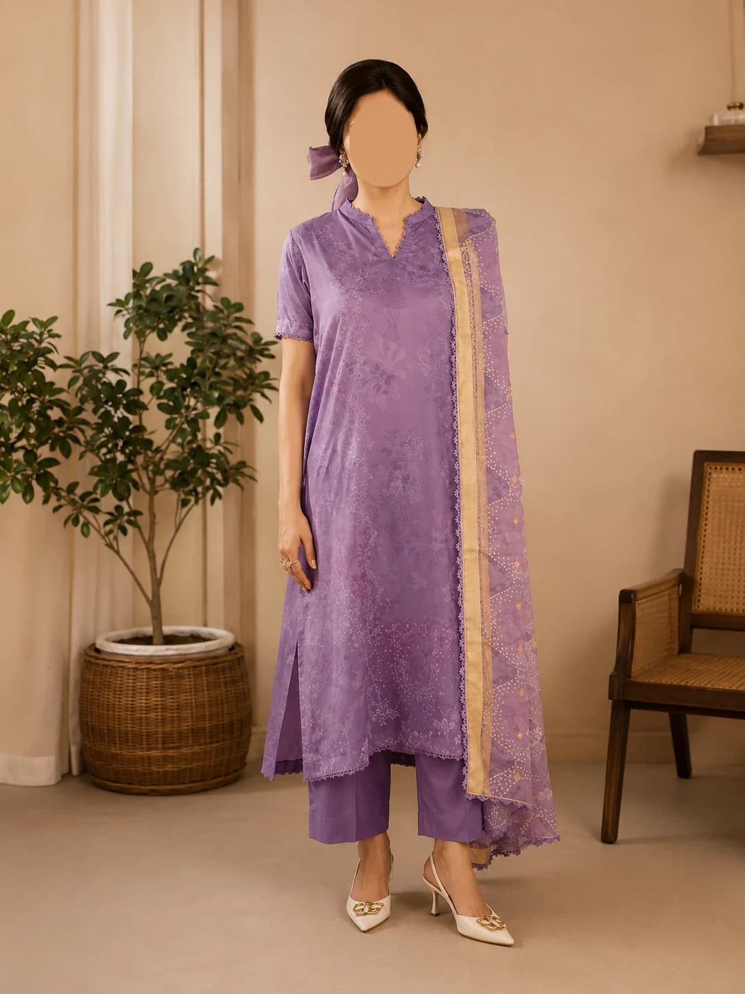 Lavender Mist Unstitched Three Piece, unstitched Shirt — Digital Printed Lawn 3m · Dupatta — Digital Printed Jacquard Brosha 2.5m · Trouser — Dyed Cambric Cotton 2.5m suit Pakistan