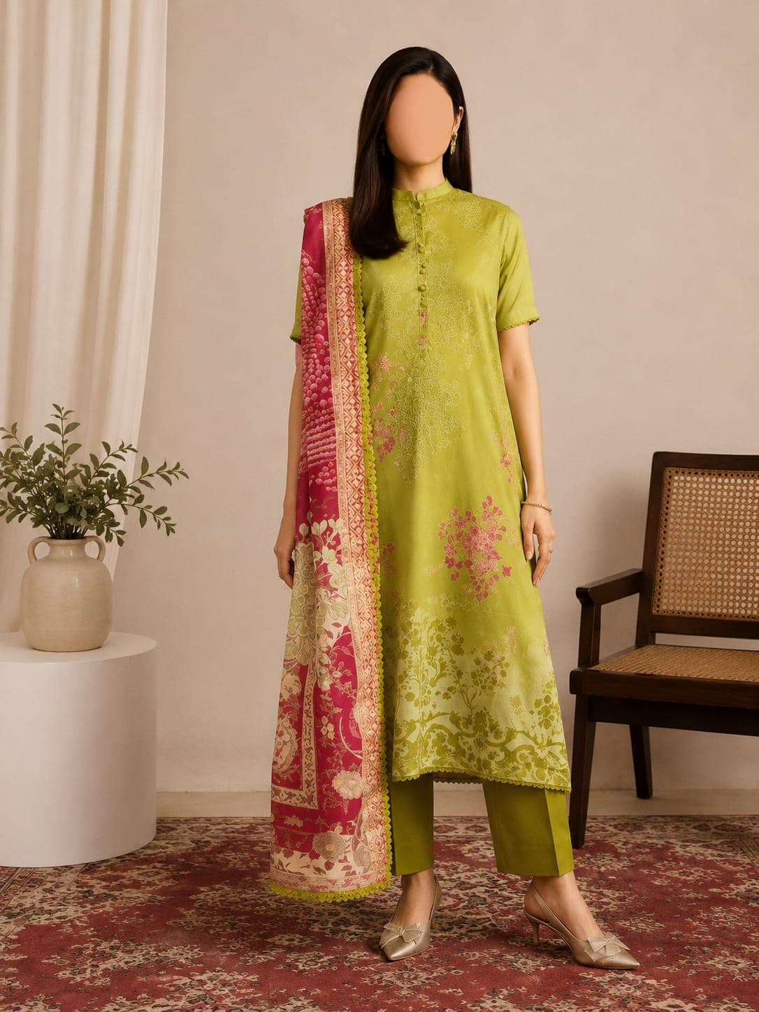Lime Bloom Unstitched Three Piece, unstitched Shirt — Digital Printed Lawn 3m · Dupatta — Digital Printed Jacquard Brosha 2.5m · Trouser — Dyed Cambric Cotton 2.5m suit Pakistan