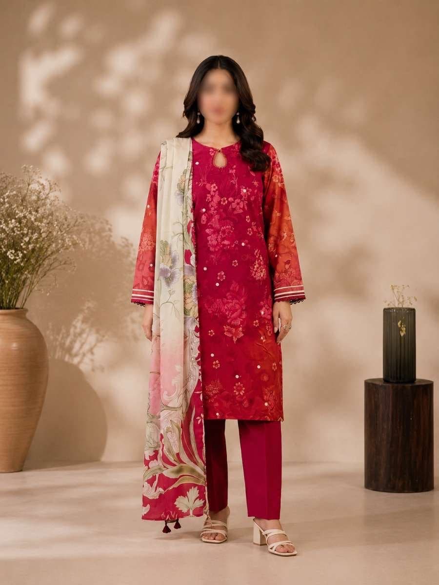 Magenta Ombre Unstitched Three Piece, unstitched 3-piece lawn suit Pakistan