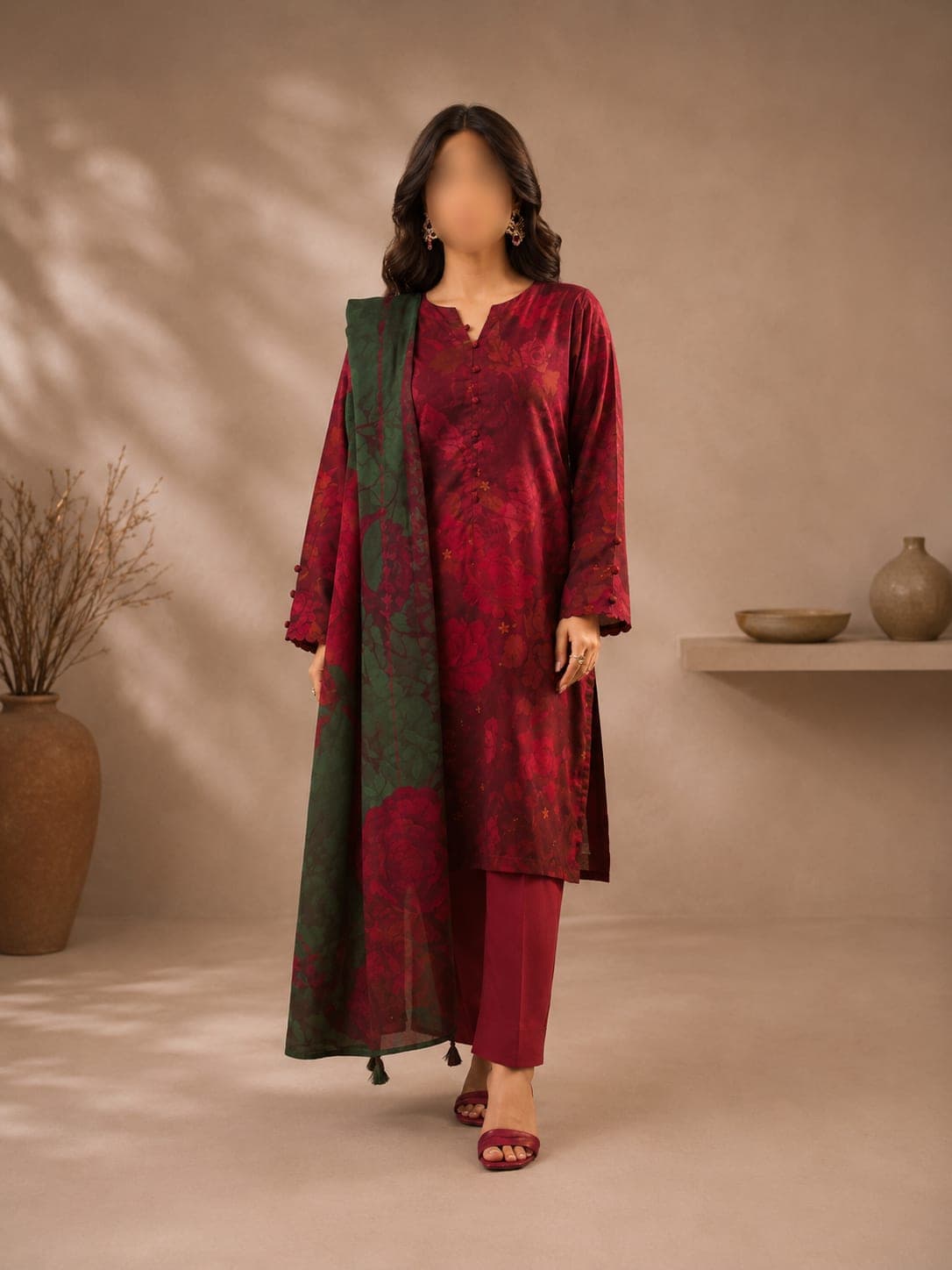 Maroon Floral Unstitched Three Piece, unstitched 3-piece lawn suit Pakistan