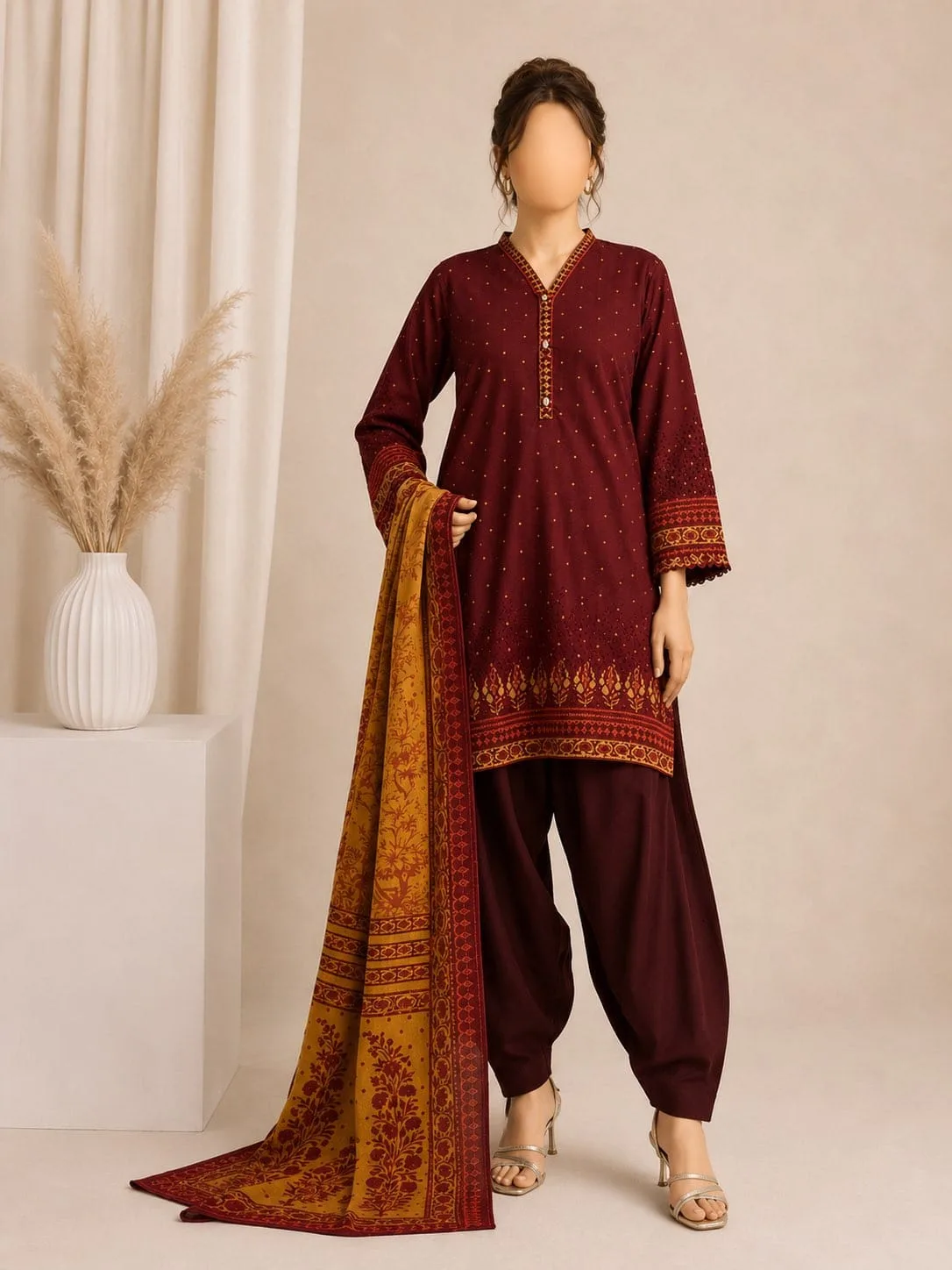 Maroon Mustard Unstitched Three Piece, unstitched Lawn suit Pakistan