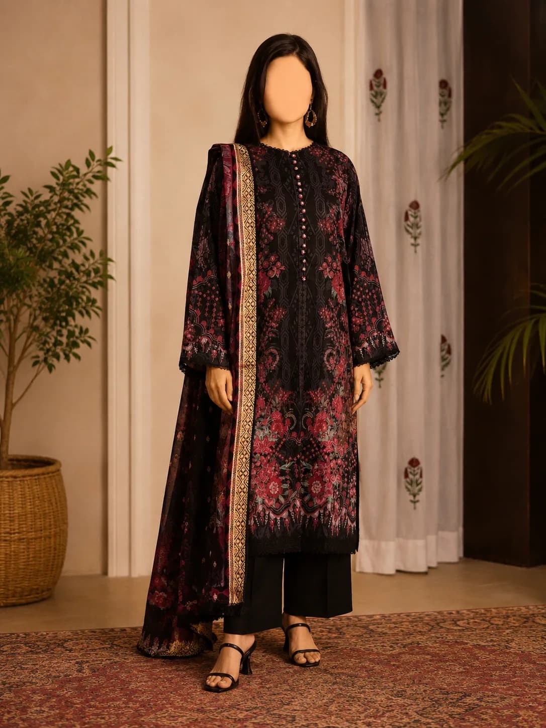 Midnight Bloom Unstitched Three Piece, unstitched Shirt — Digital Printed Lawn 3m · Dupatta — Digital Printed Jacquard Brosha 2.5m · Trouser — Dyed Cambric Cotton 2.5m suit Pakistan
