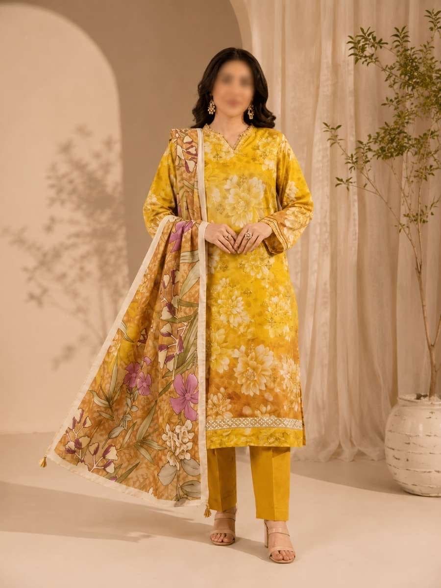 Mustard Pearl Unstitched Three Piece, unstitched 3-piece lawn suit Pakistan