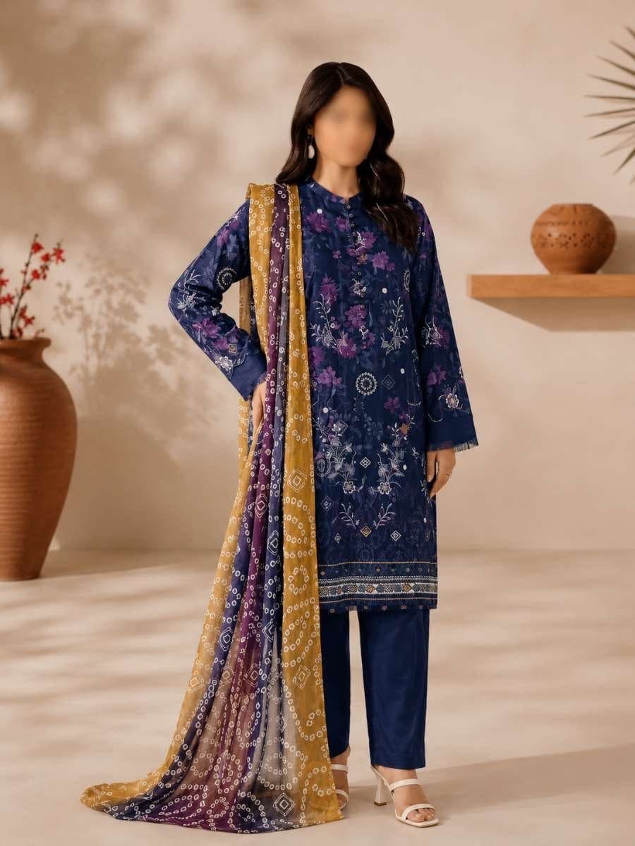 Navy Bandhani Unstitched Three Piece, unstitched 3-piece lawn suit Pakistan