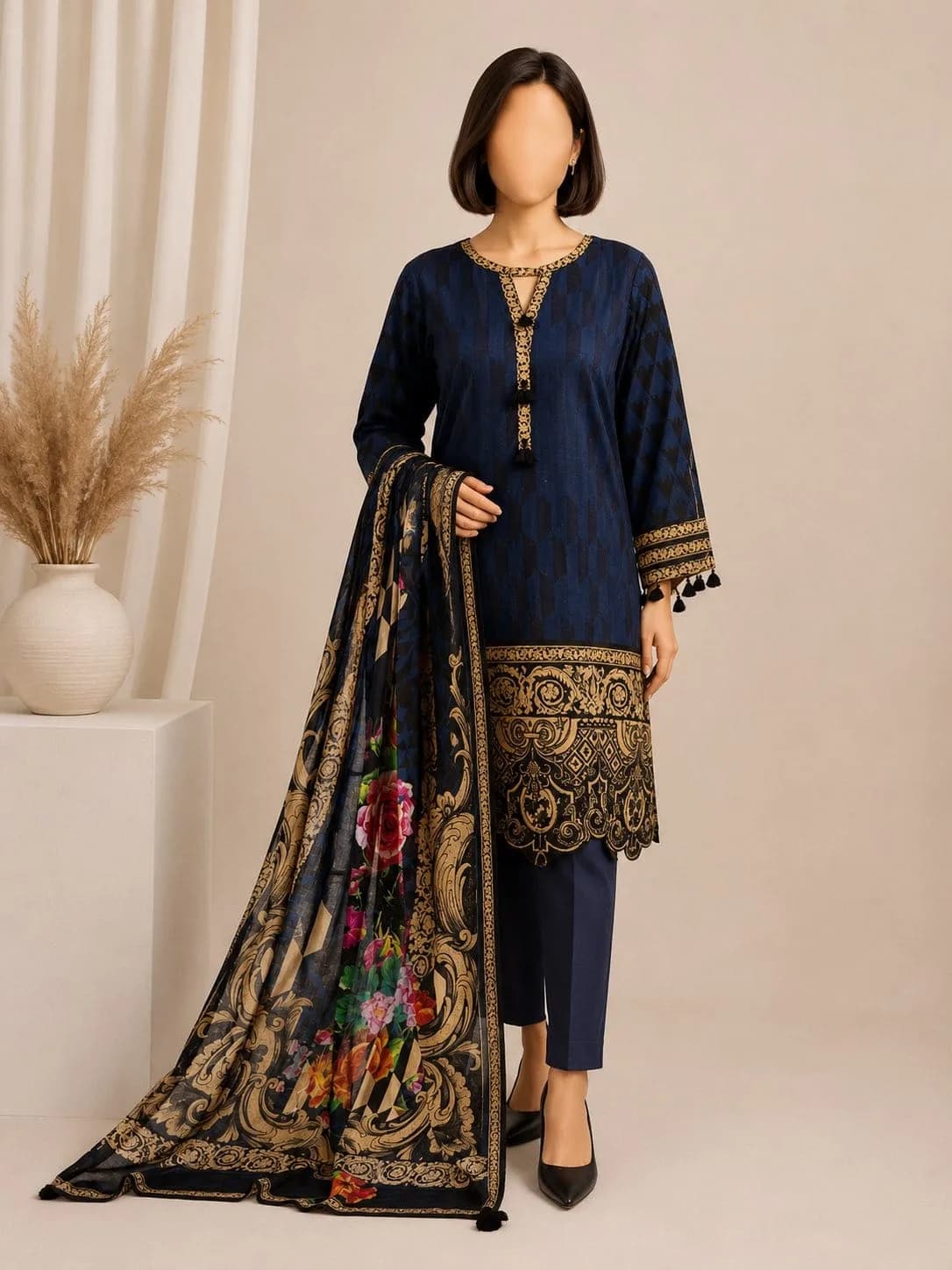 Navy Gold Geometric Unstitched Three Piece, unstitched Lawn suit Pakistan