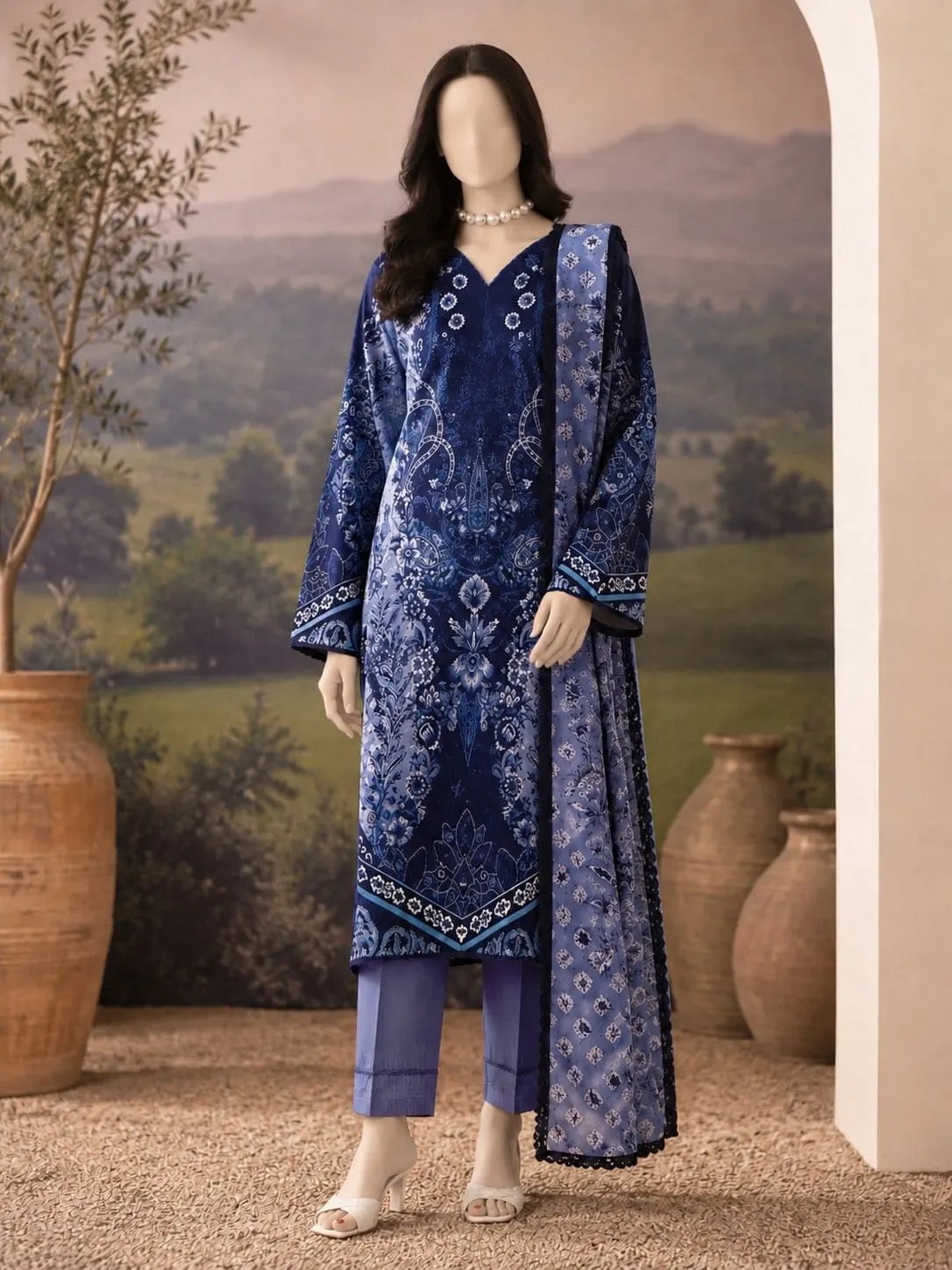 Navy Paisley Unstitched Three Piece, unstitched Lawn suit Pakistan