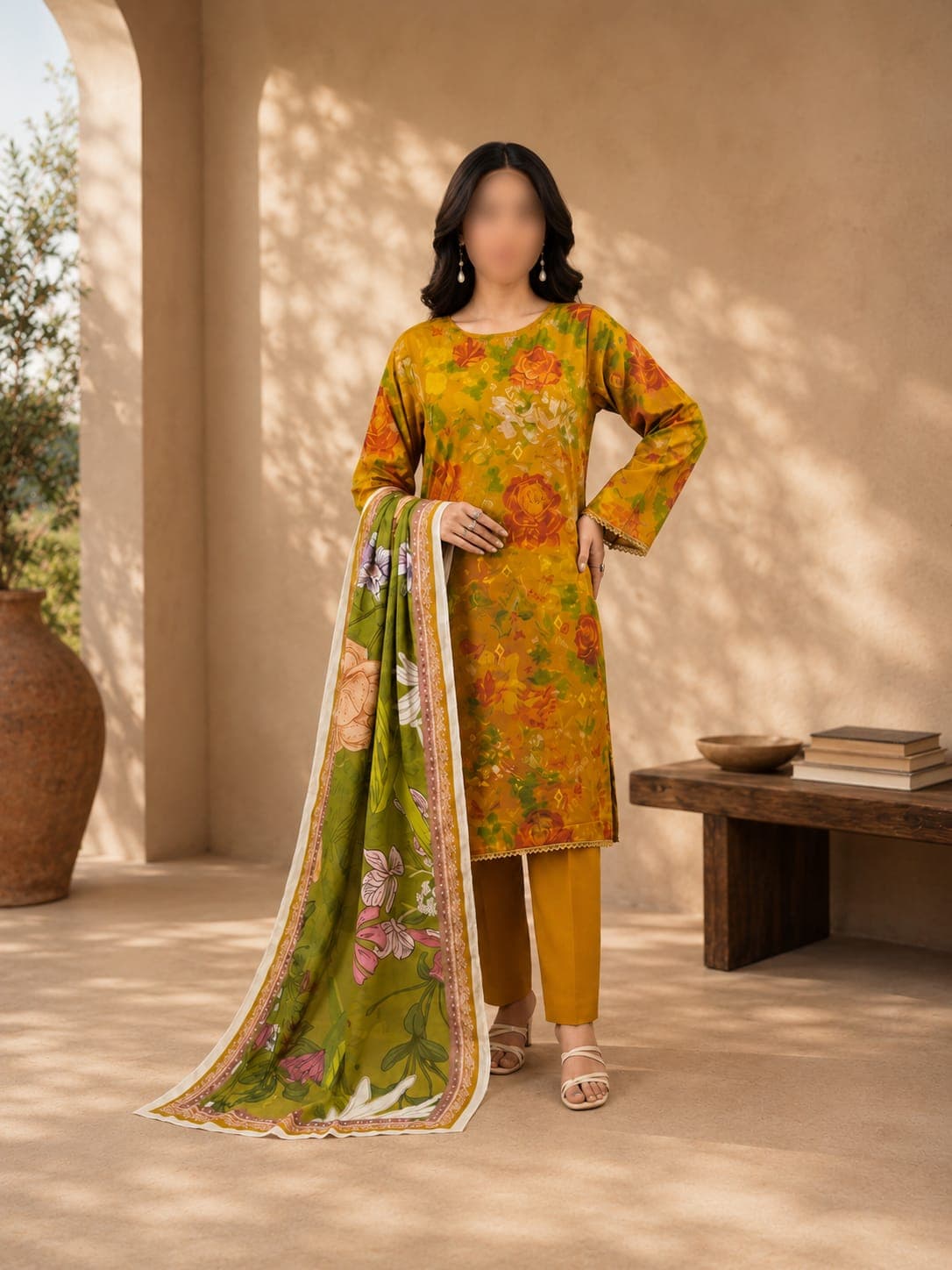 Olive Floral Unstitched Three Piece, unstitched 3-piece lawn suit Pakistan