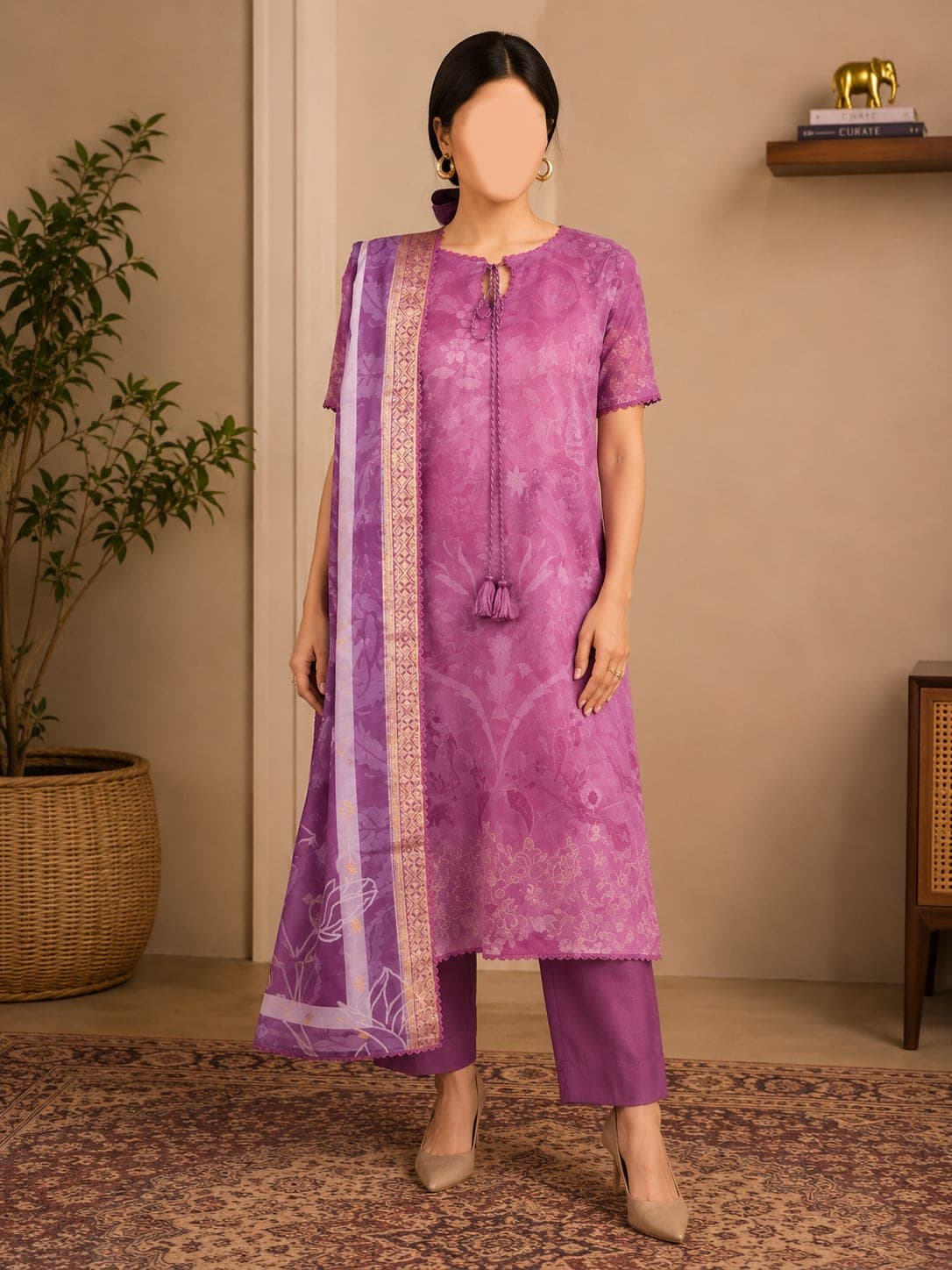 Orchid Dusk Unstitched Three Piece, unstitched Shirt — Digital Printed Lawn 3m · Dupatta — Digital Printed Jacquard Brosha 2.5m · Trouser — Dyed Cambric Cotton 2.5m suit Pakistan
