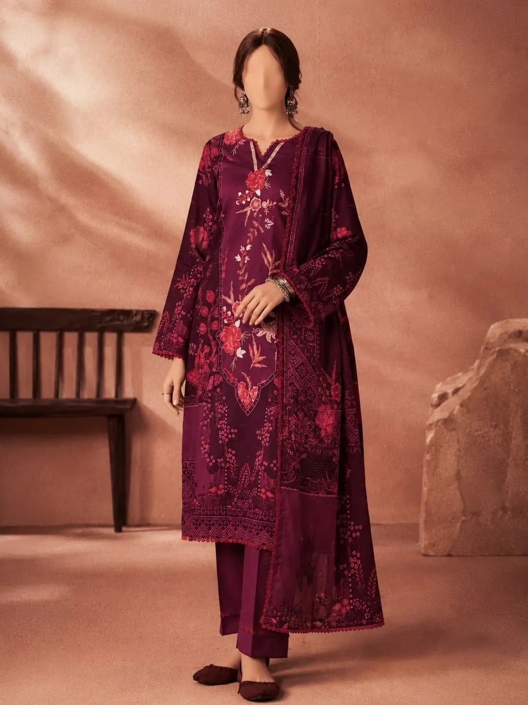 Plum Rose Unstitched Three Piece, unstitched Lawn suit Pakistan