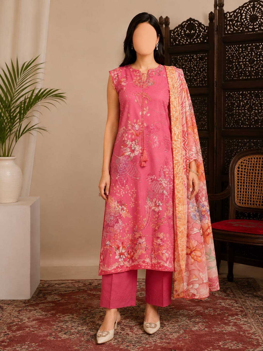 Rose Garden Unstitched Three Piece, unstitched Shirt — Digital Printed Lawn 3m · Dupatta — Digital Printed Jacquard Brosha 2.5m · Trouser — Dyed Cambric Cotton 2.5m suit Pakistan