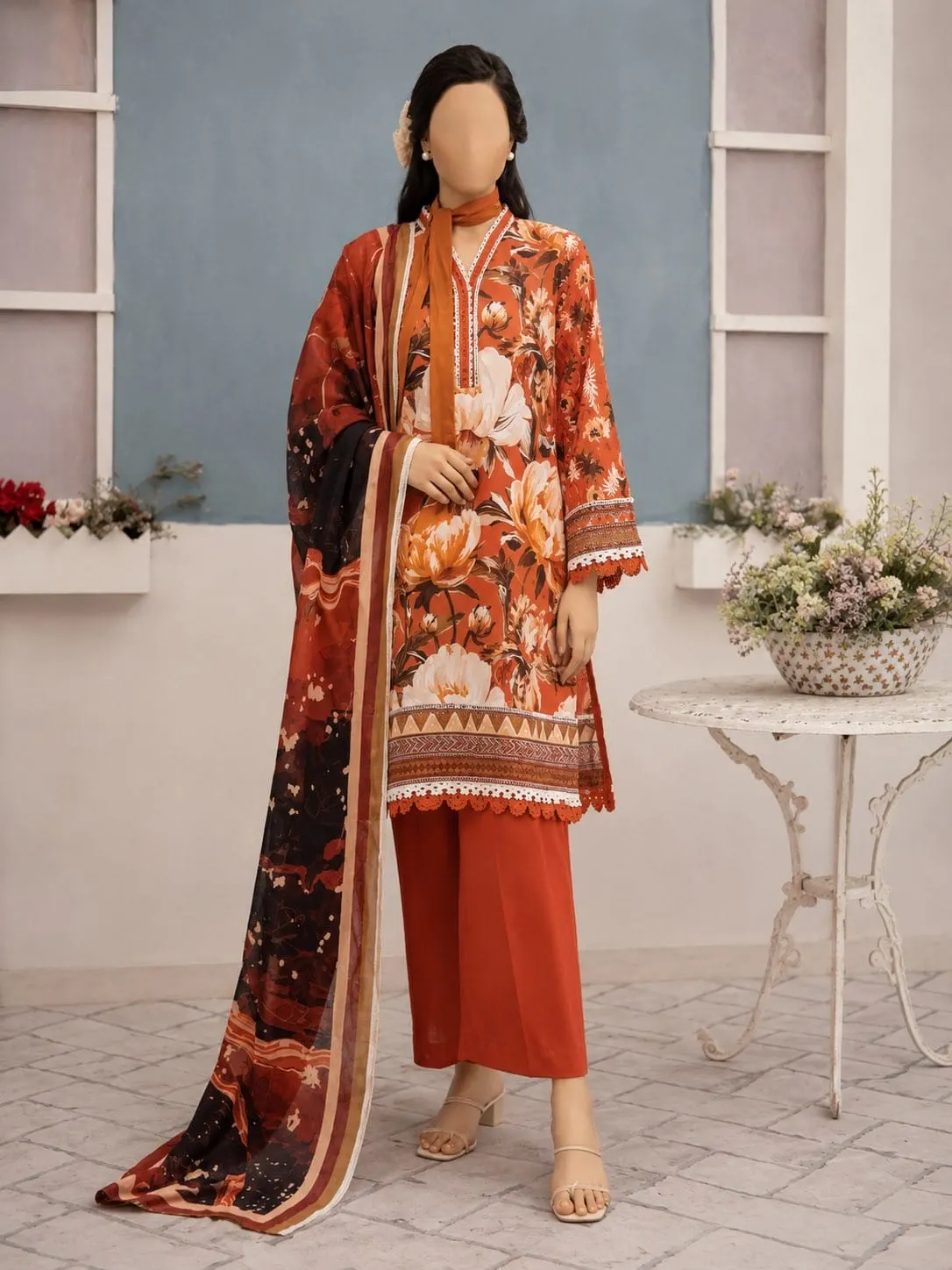 Rust Bloom Unstitched Three Piece, unstitched Lawn suit Pakistan