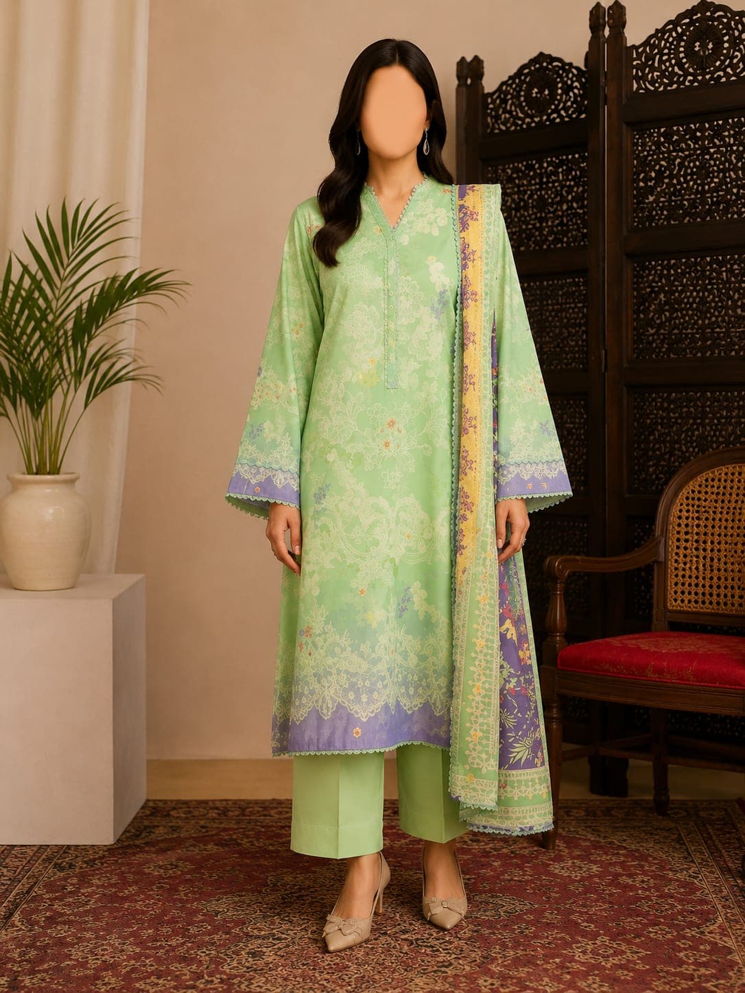Sage Lace Unstitched Three Piece, unstitched Shirt — Digital Printed Lawn 3m · Dupatta — Digital Printed Jacquard Brosha 2.5m · Trouser — Dyed Cambric Cotton 2.5m suit Pakistan