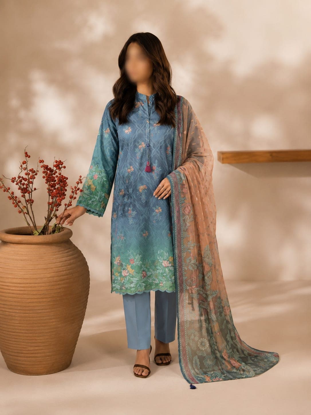 Seafoam Ombre Unstitched Three Piece, unstitched 3-piece lawn suit Pakistan