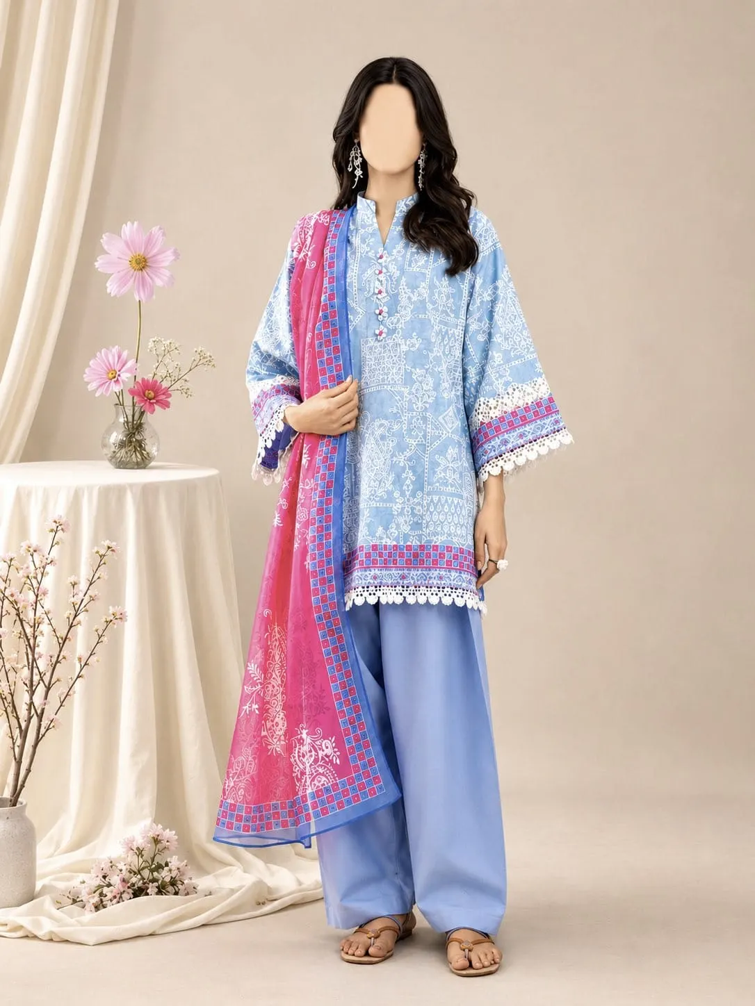 Sky Blue Ethnic Unstitched Three Piece, unstitched Lawn suit Pakistan