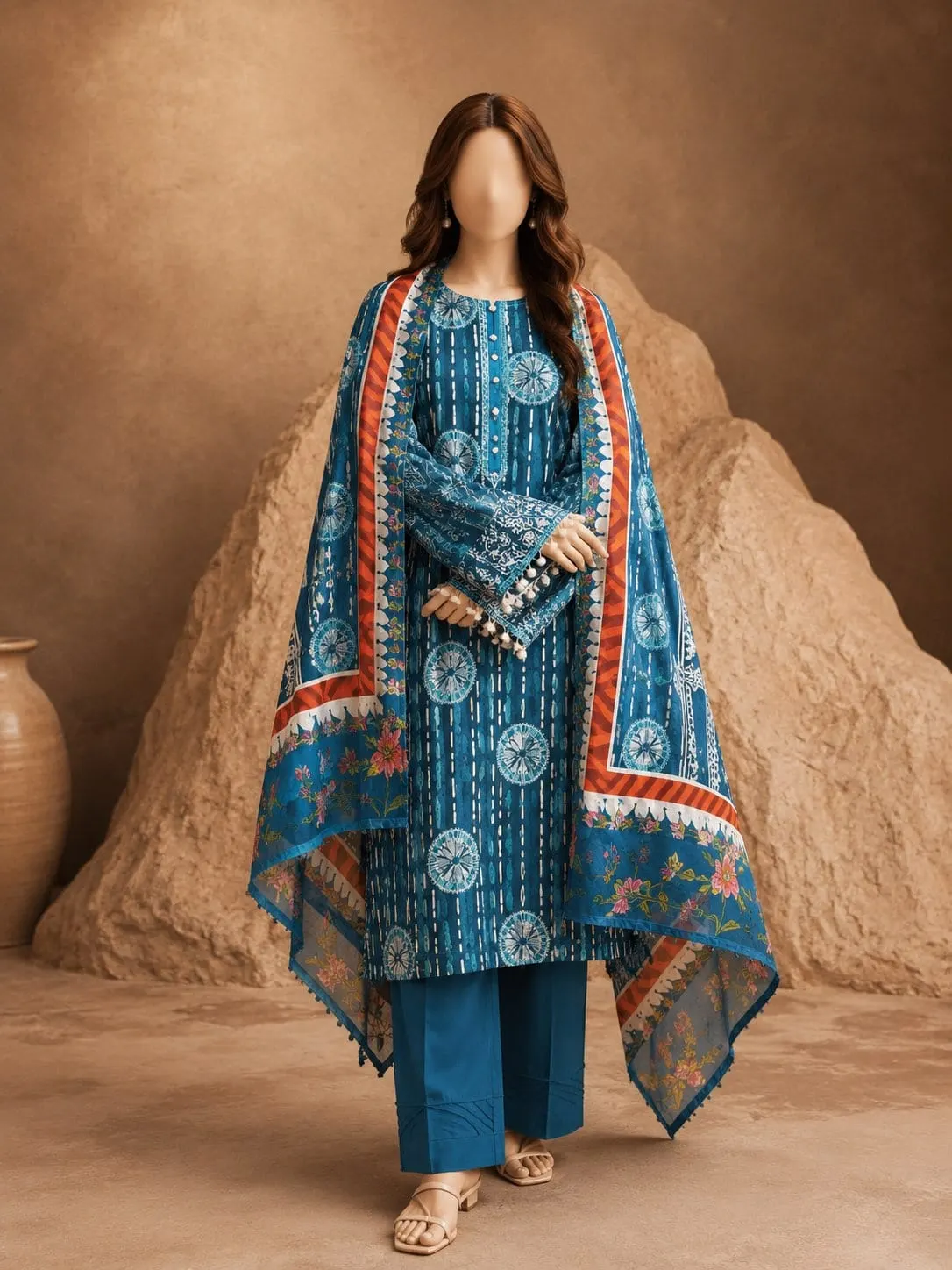 Teal Medallion Unstitched Three Piece, unstitched Lawn suit Pakistan