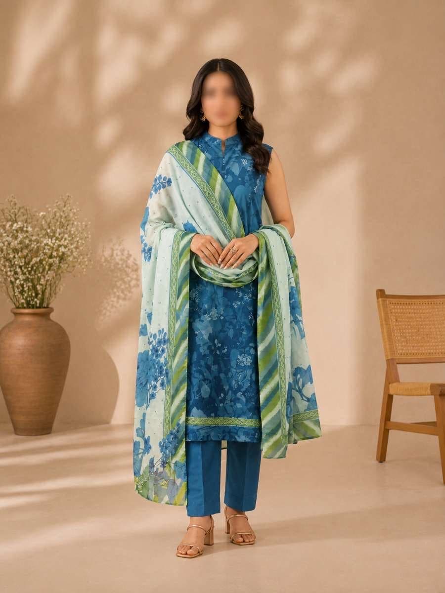 Teal Stripe Unstitched Three Piece, unstitched 3-piece lawn suit Pakistan