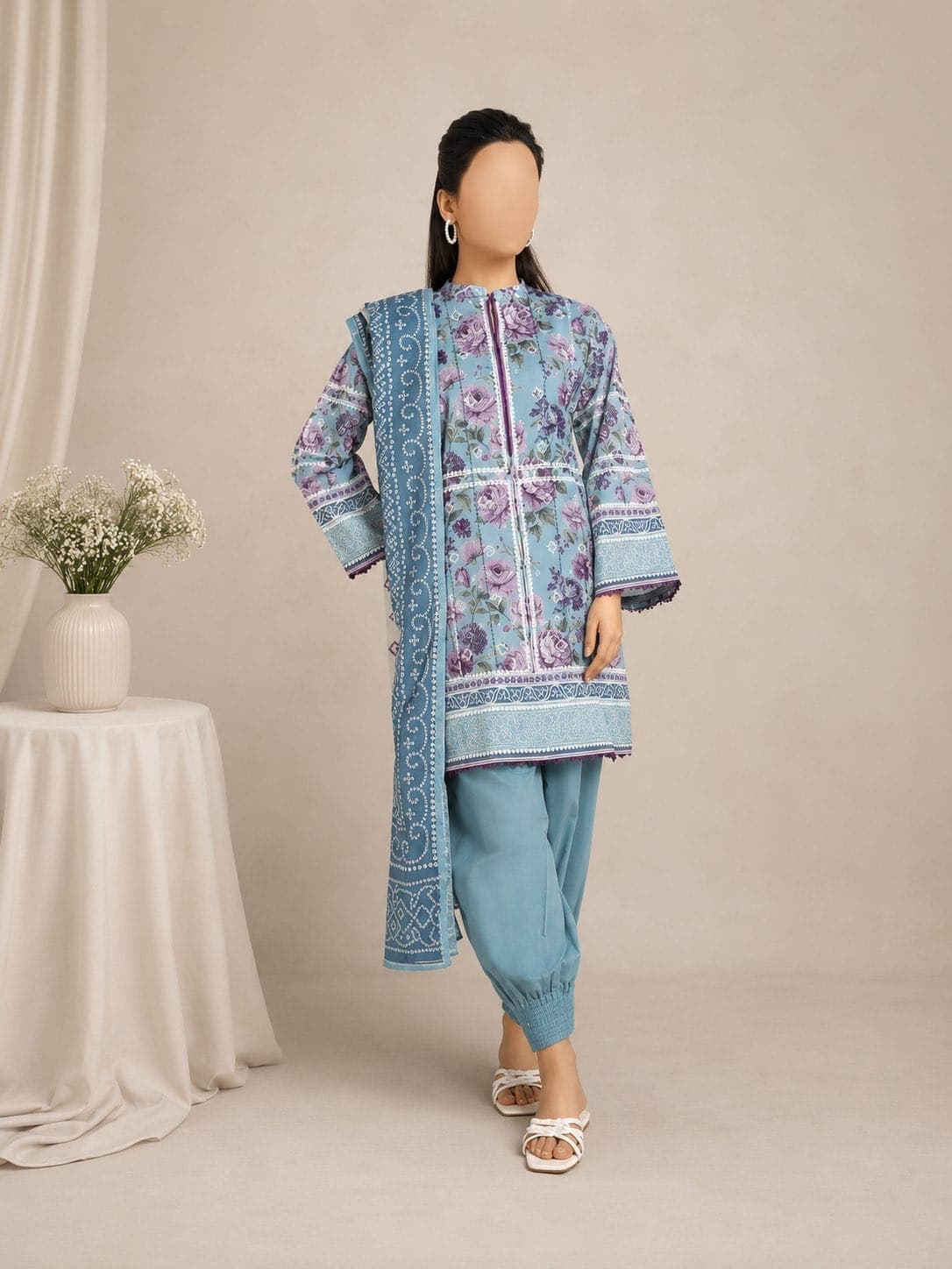 Dusty Blue Floral Unstitched Three Piece