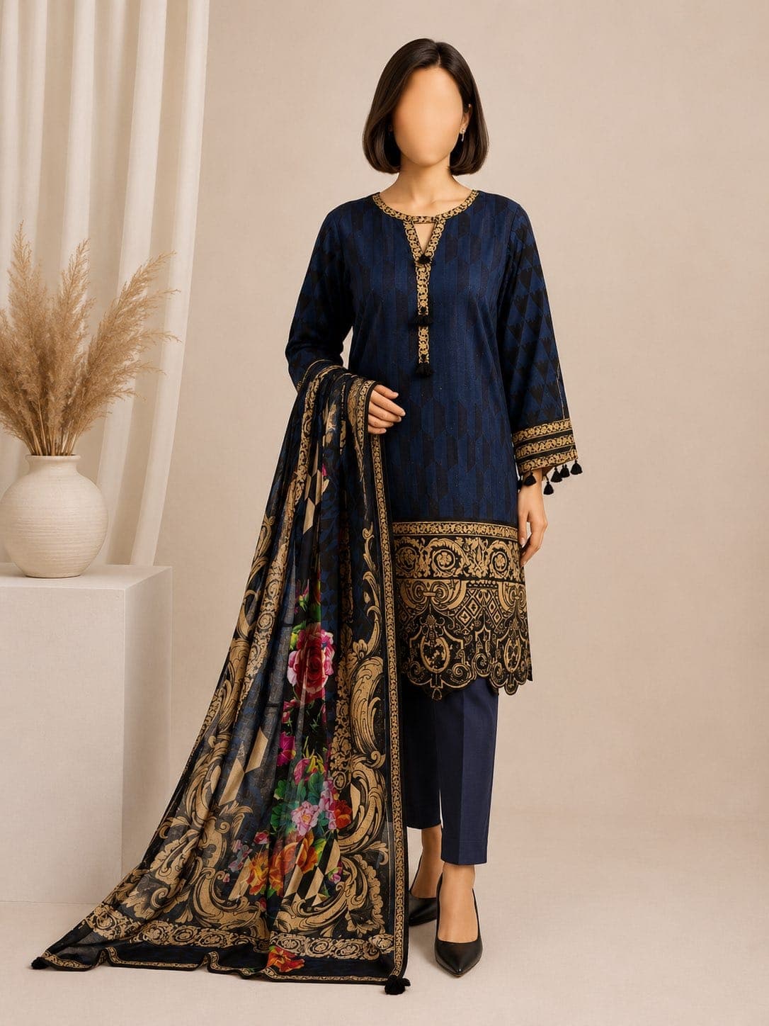 Navy Gold Geometric Unstitched Three Piece